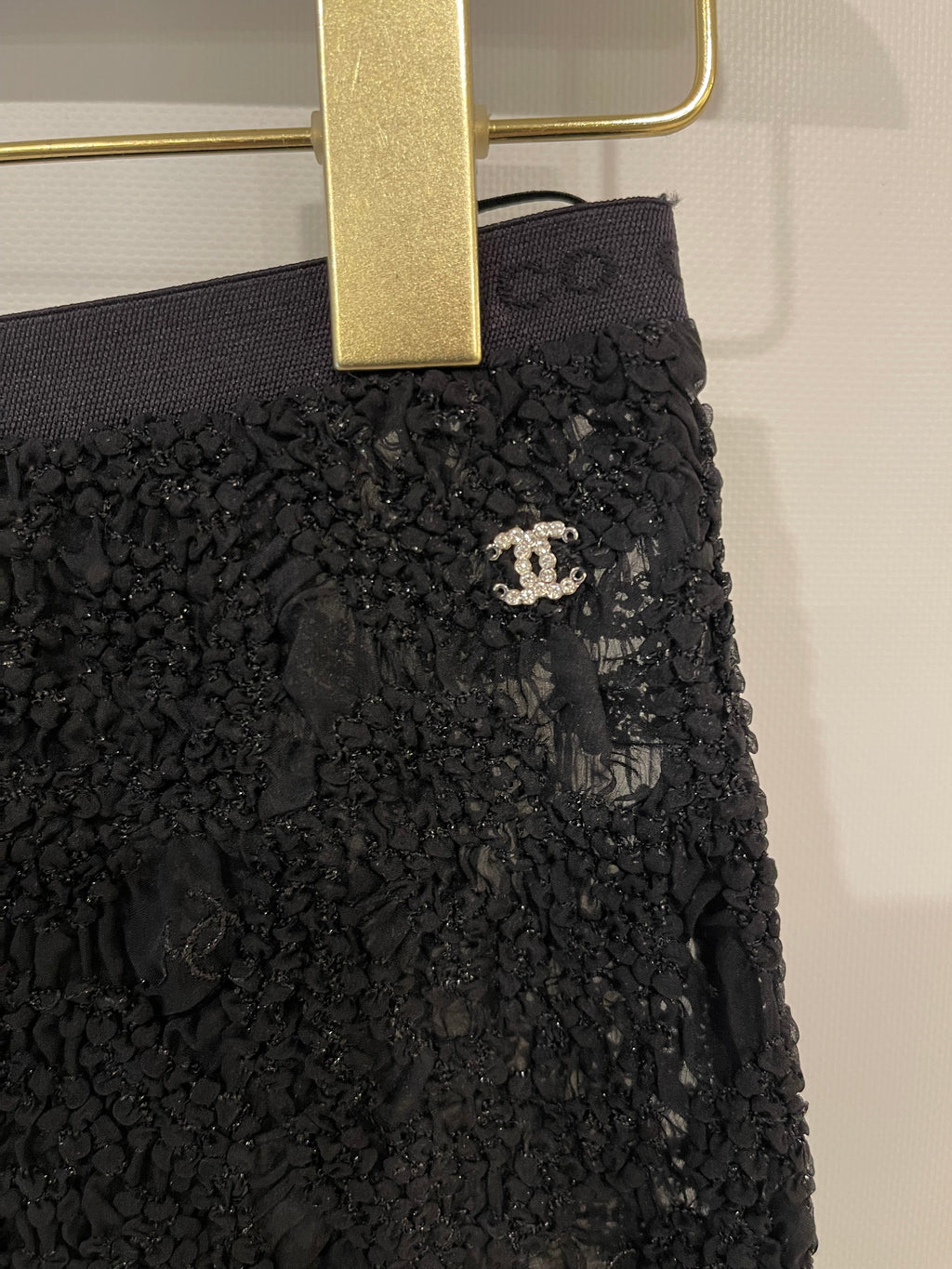 Chanel Black Lace Tulle Top and Cyclist Shorts Set with Camellia Details and Crystal CC Logos Size FR 34 (UK 6)