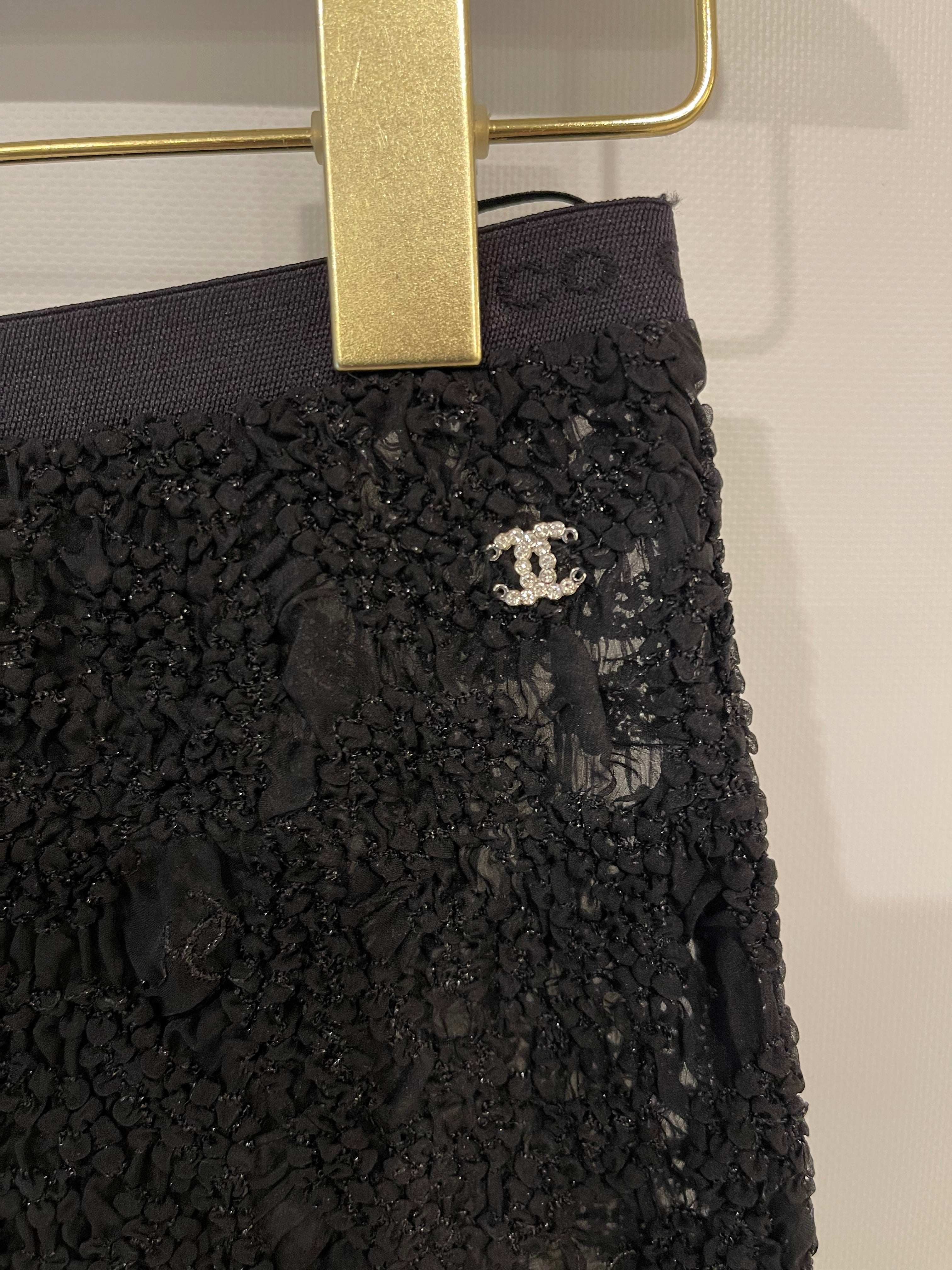 Chanel Black Lace Tulle Top and Cyclist Shorts Set with Camellia Details and Crystal CC Logos Size FR 34 (UK 6)