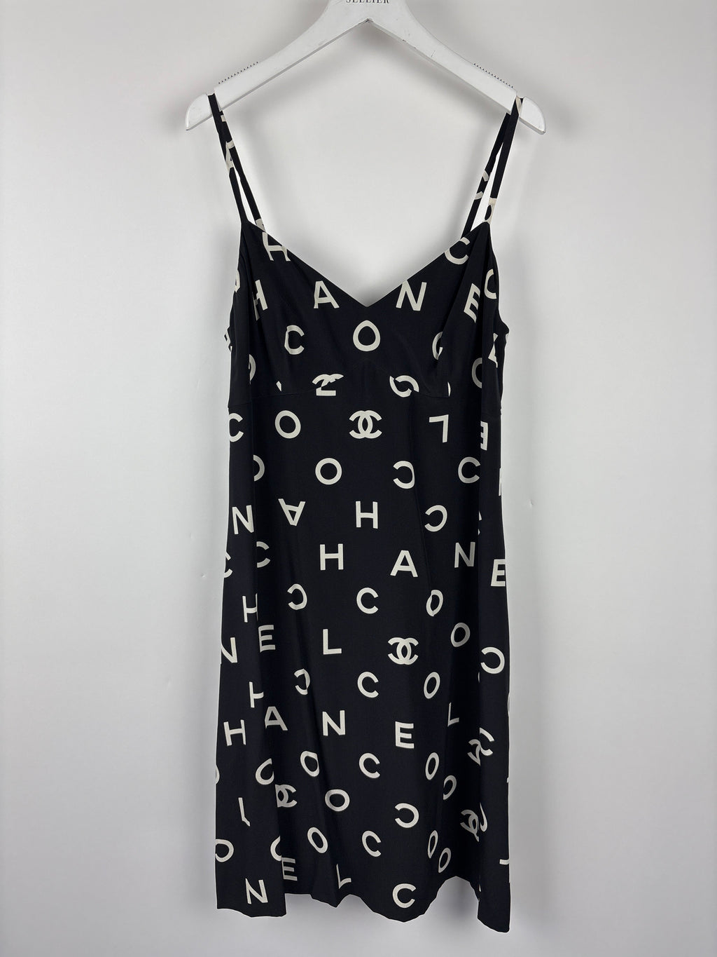 Chanel Vintage Runway 97/S Black, White CC Logo Slip Dress and Jacket Set with CC Chanel Button Size FR 42 (UK 14)