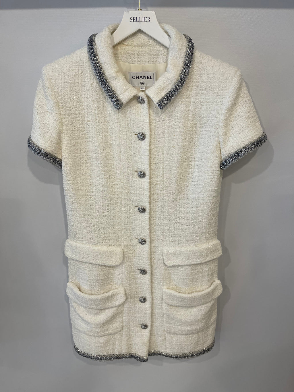 *HOT* Chanel 20S White Tweed Short-Sleeve Mini Dress with Silver Buttons and Embellishments Details FR 42 (UK 14) RRP £5,250