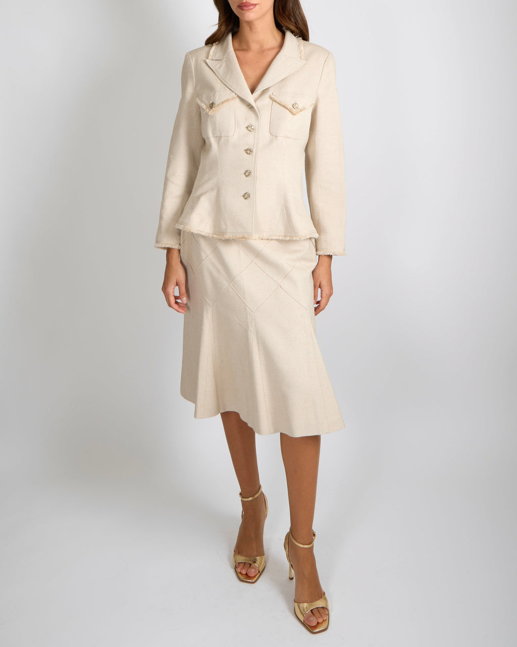 Chanel Spring 2006 Beige Silk Jacket and Skirt Set with Gold CC Logo Buttons Size FR 42 (UK 14)