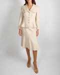Chanel Spring 2006 Beige Silk Jacket and Skirt Set with Gold CC Logo Buttons Size FR 42 (UK 14)