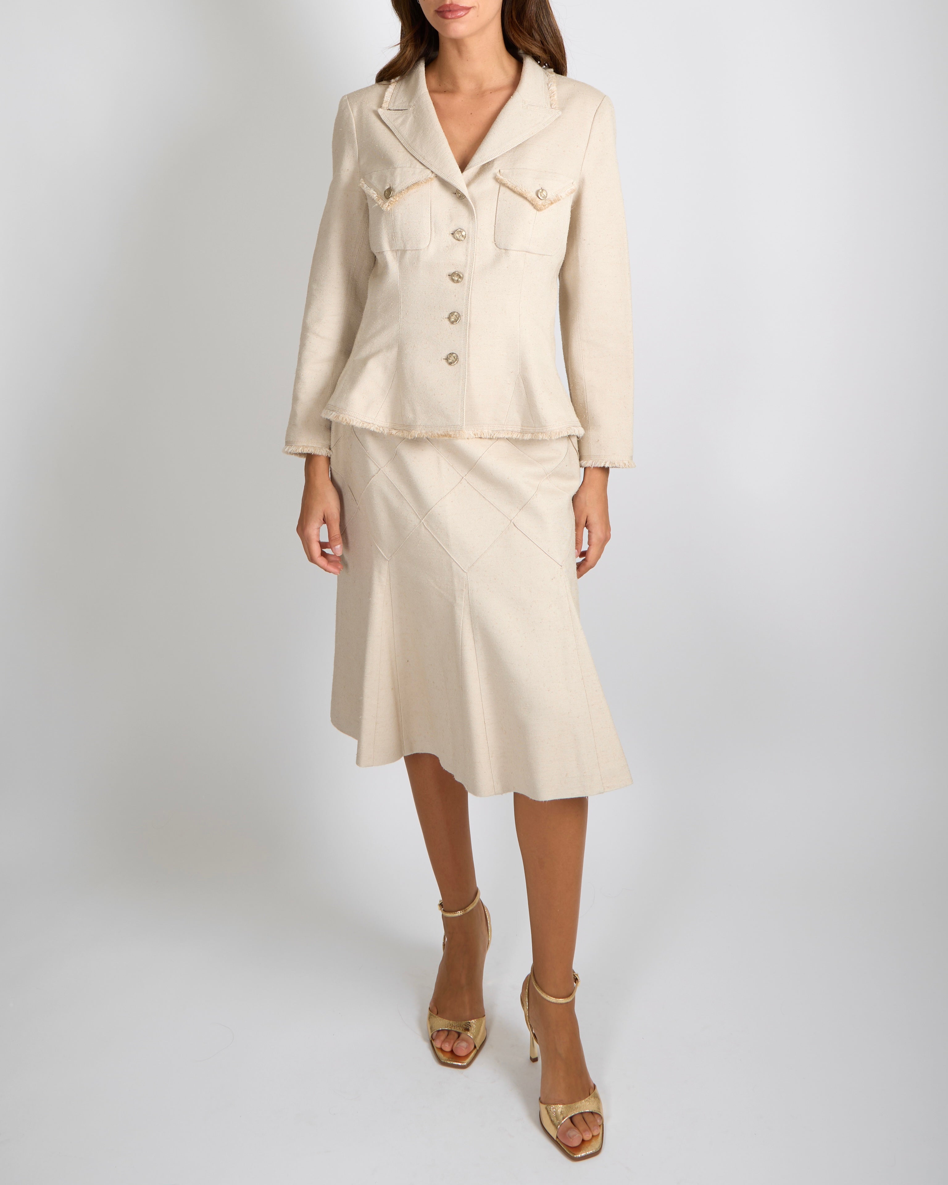 Chanel Spring 2006 Beige Silk Jacket and Skirt Set with Gold CC Logo Buttons Size FR 42 (UK 14)