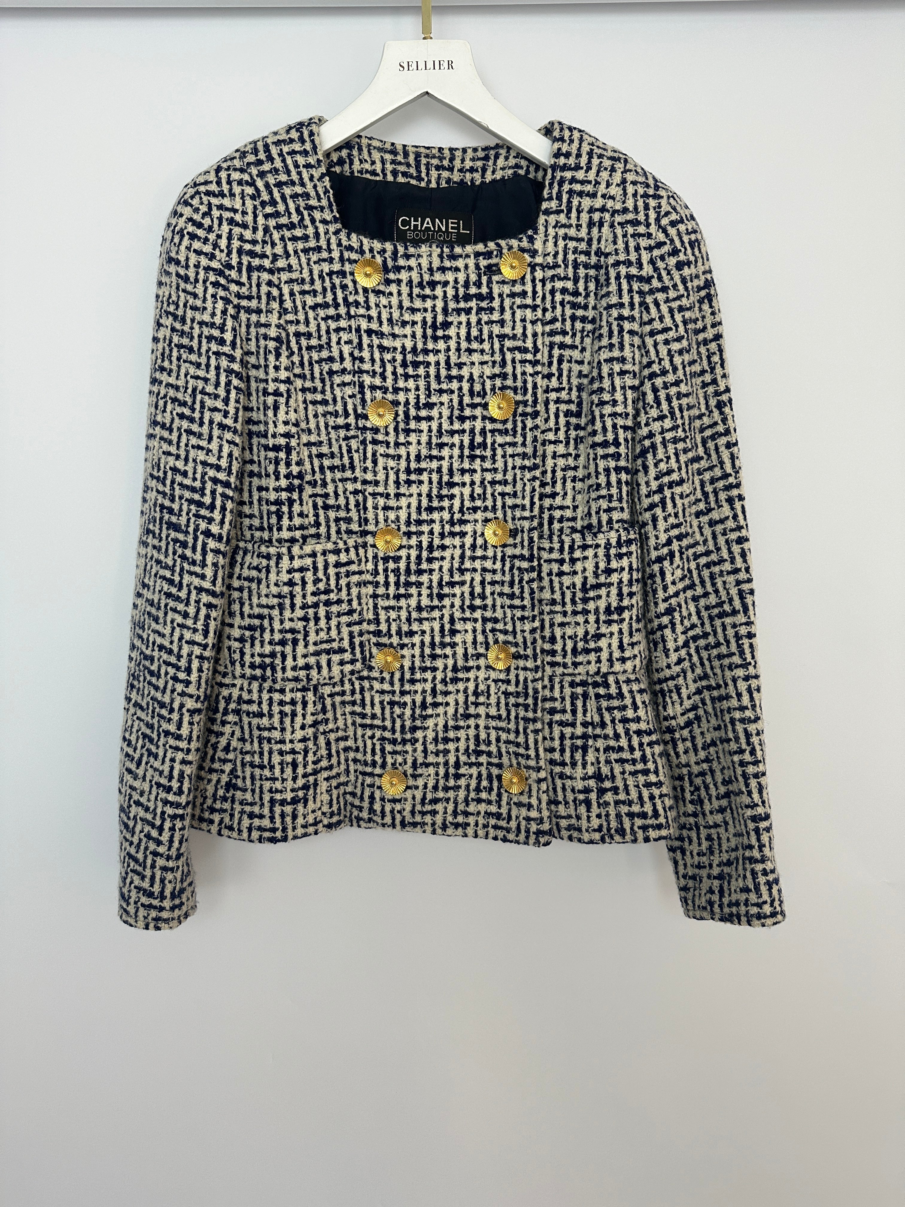 Chanel White and Navy Tweed Double Breasted Jacket with Gold Flower Button Detail FR 36 - 38 (UK 8 - 10)