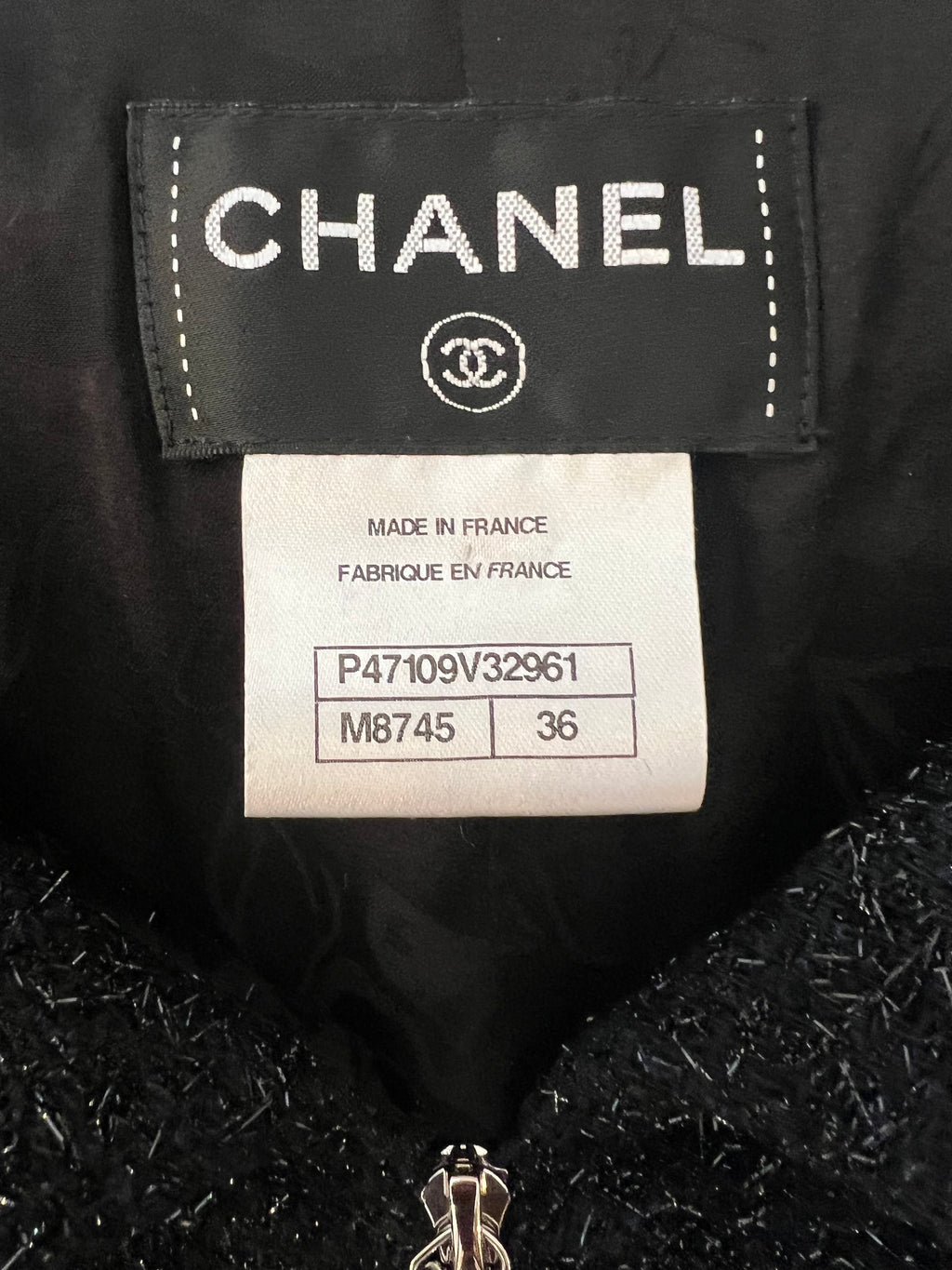 Chanel Black Shimmery Mini Dress with Silver Zip and Globe CC Buttons Detail Size FR 36 (UK 8)