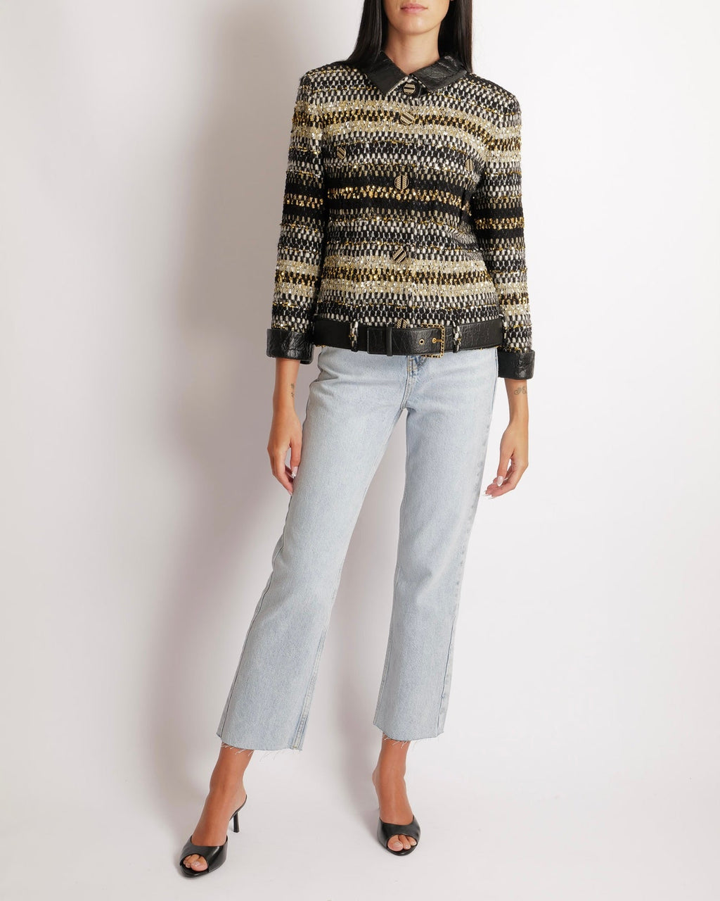 Chanel Métiers d'Art 2019 Black, White and Gold Tweed Jacket with Gold Sequin Embellishments and Leather Belt Detail with Black and Gold CC Logo Buttons Size FR 38 (UK 10)