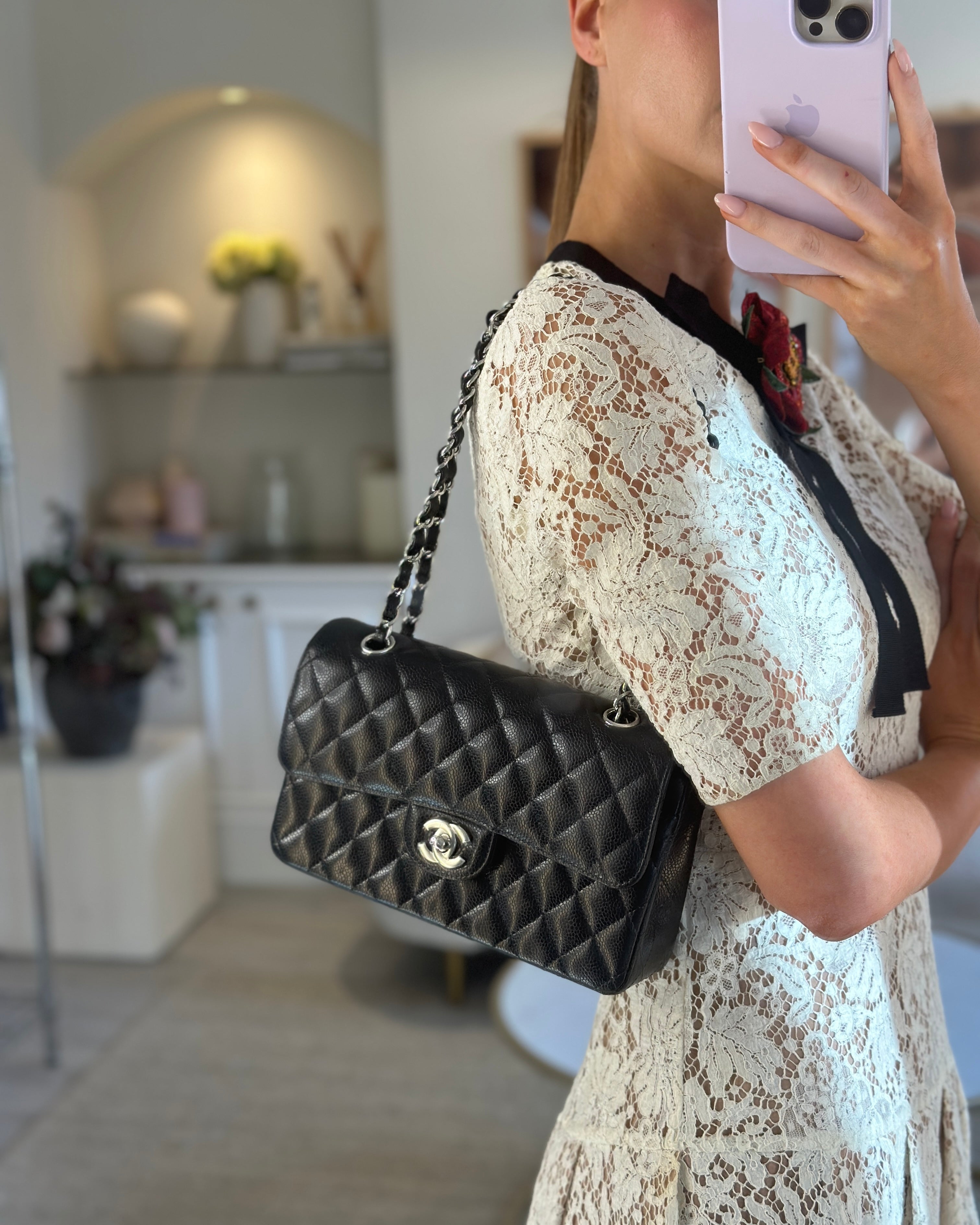 Chanel Black Small Classic Double Flap Bag in Caviar Leather with Silver Hardware RRP £8,180