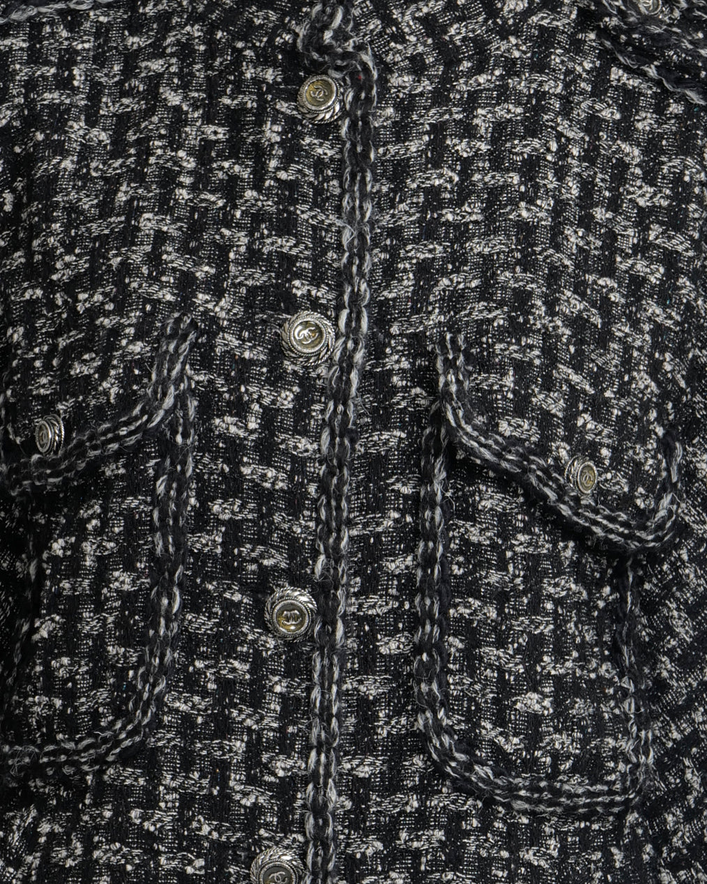 Chanel Pre-Fall 2013 Black and White Tweed Coat with Pocket Details and Silver CC Logo Buttons Size FR 36 (UK 8)