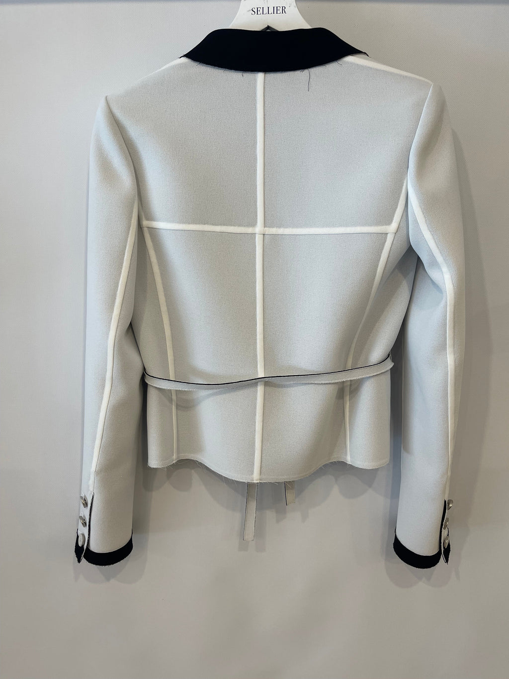 Chanel 14S Pale Grey and Black Trim Jacket with Belt and CC Button Details Size FR 34 (UK 6) RRP £3,250