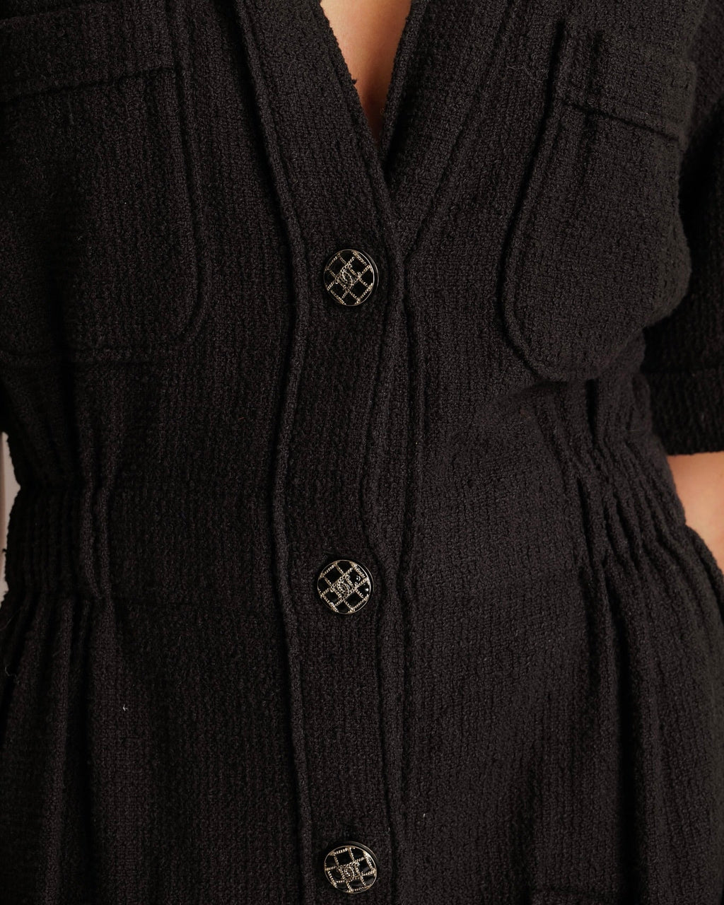 Chanel Black Short-Sleeved Mini Dress with Gathered Waist and Silver and Black Quilted CC Logo Buttons Size FR 38 (UK 10)