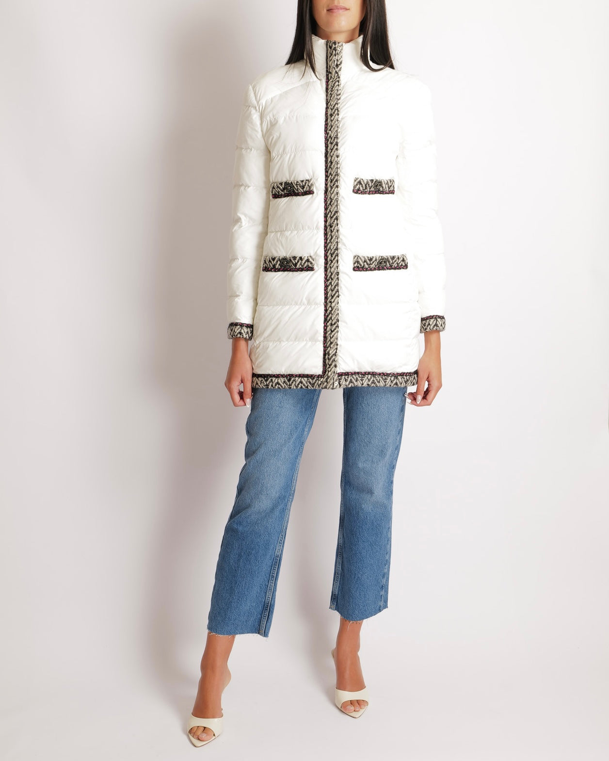 Chanel Fall Winter 2018 White Puffer Coat with Black and White Tweed Trims with Metallic Pink Details and Silver and Black CC Logo Buttons Size FR 38 (UK 10)