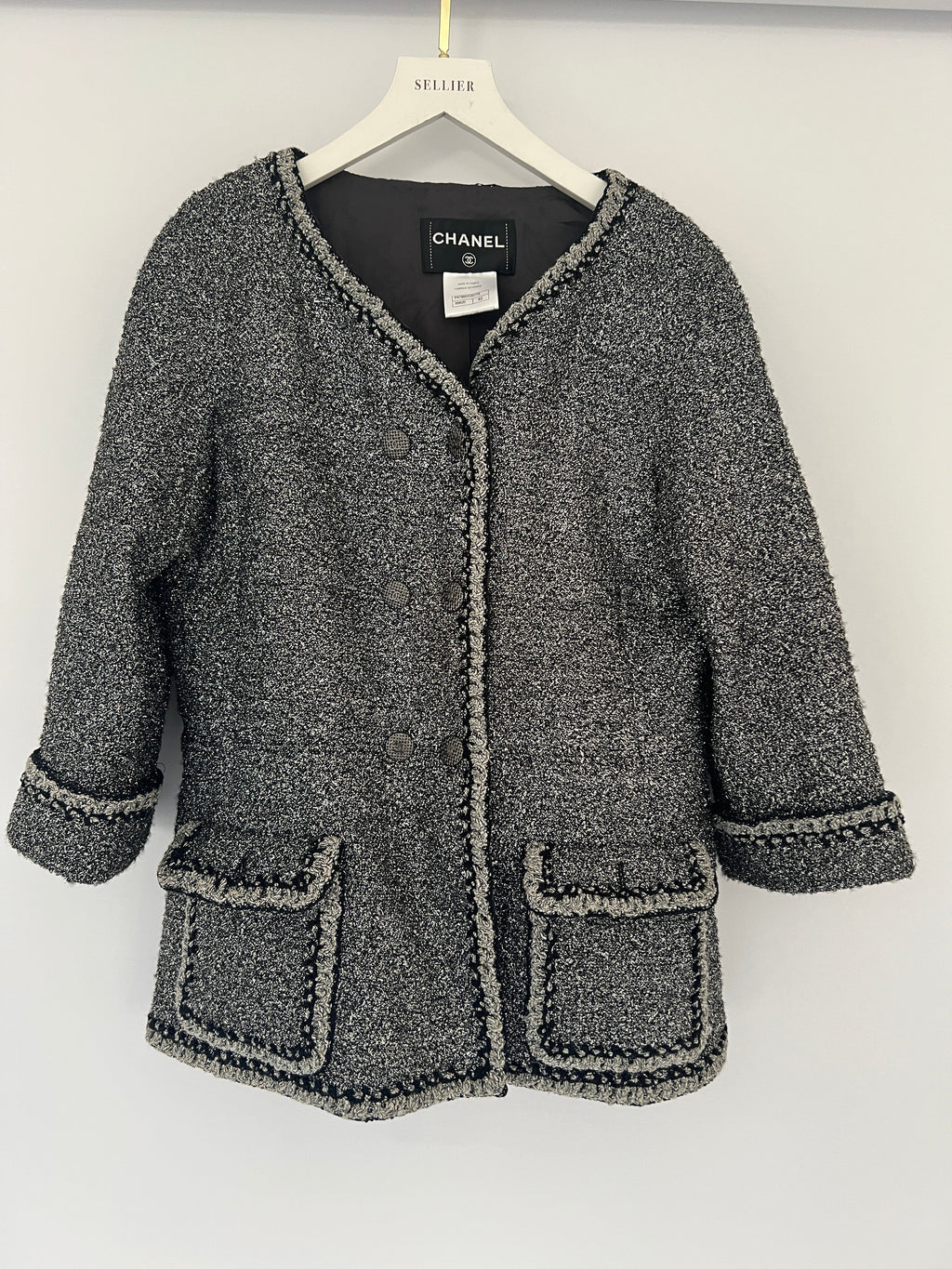 *HOT* Chanel 14/P La Petite Veste Noire Tweed Charcoal Grey Jacket with Silver Detail  Size FR 42 (UK 14)