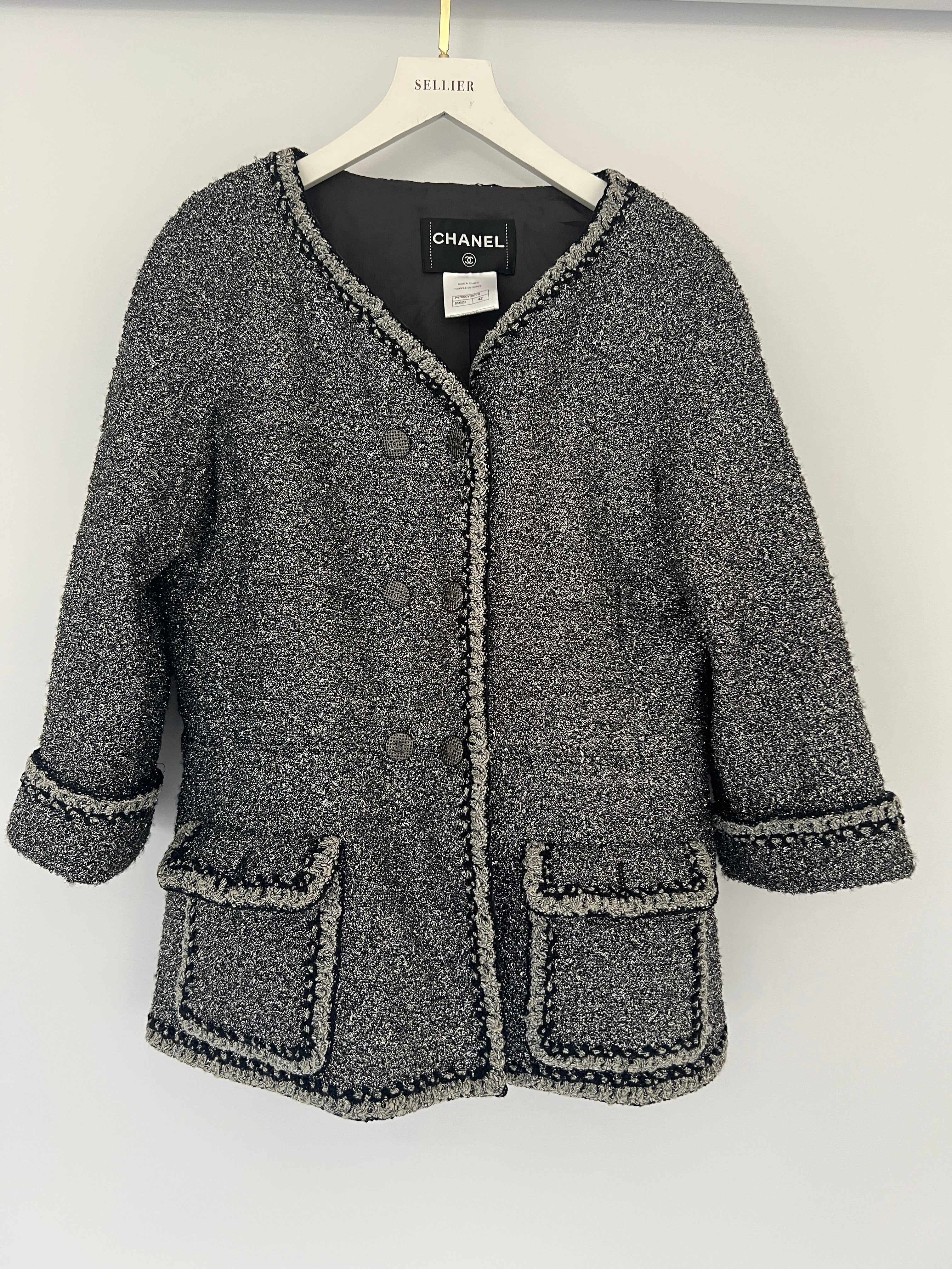 *HOT* Chanel 14/P La Petite Veste Noire Tweed Charcoal Grey Jacket with Silver Detail  Size FR 42 (UK 14)