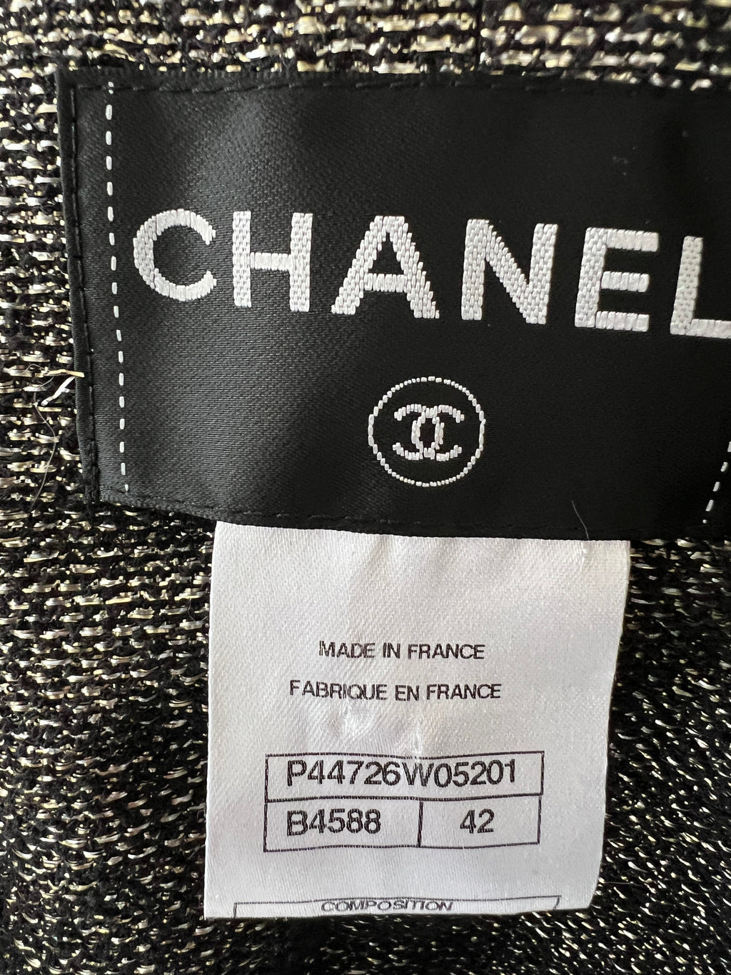 *HOT* Chanel 12/A Black and Silver Metallic Tweed Lined Pocket Jacket Size FR 42 (UK 14)