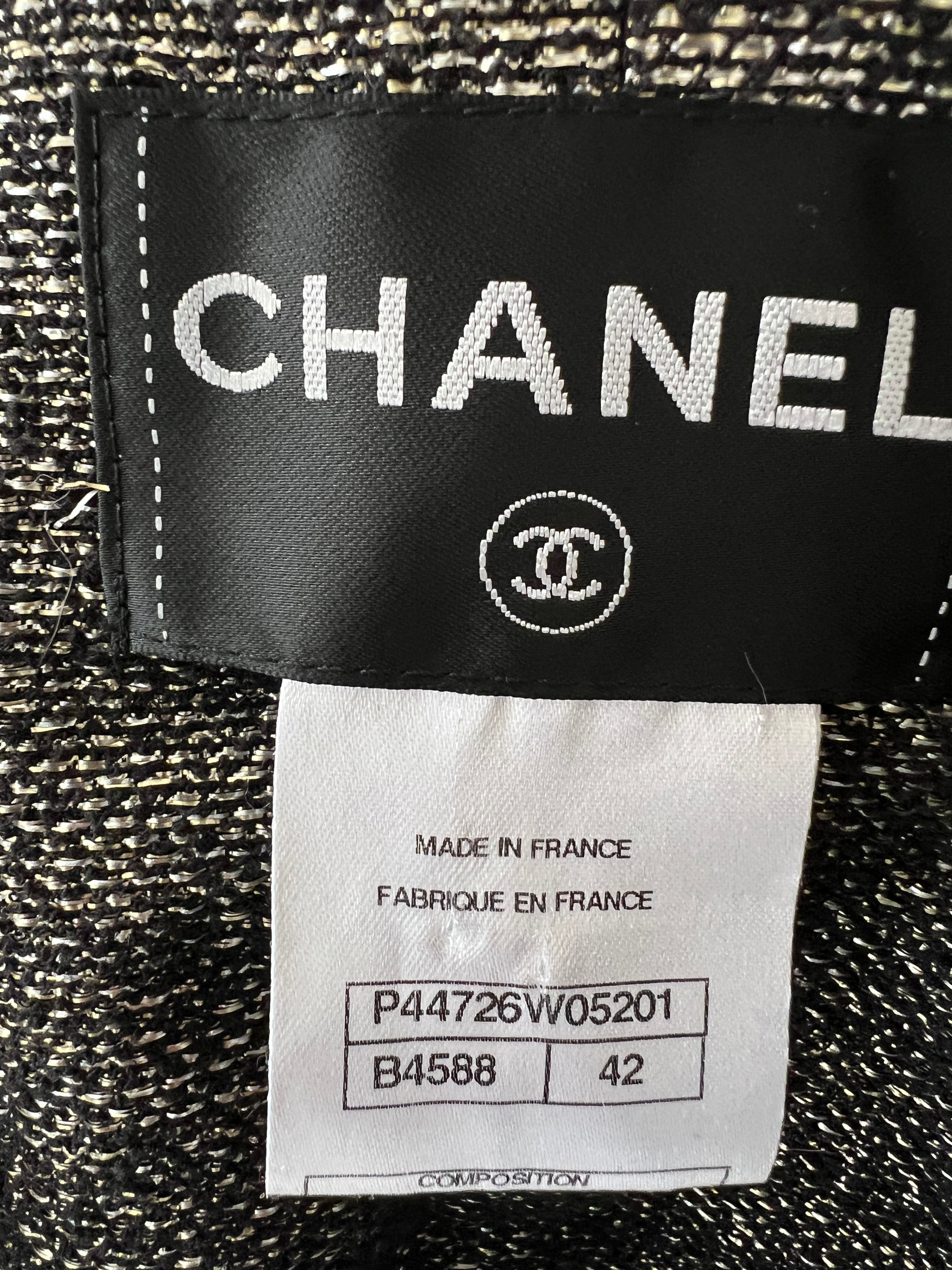 *HOT* Chanel 12/A Black and Silver Metallic Tweed Lined Pocket Jacket Size FR 42 (UK 14)