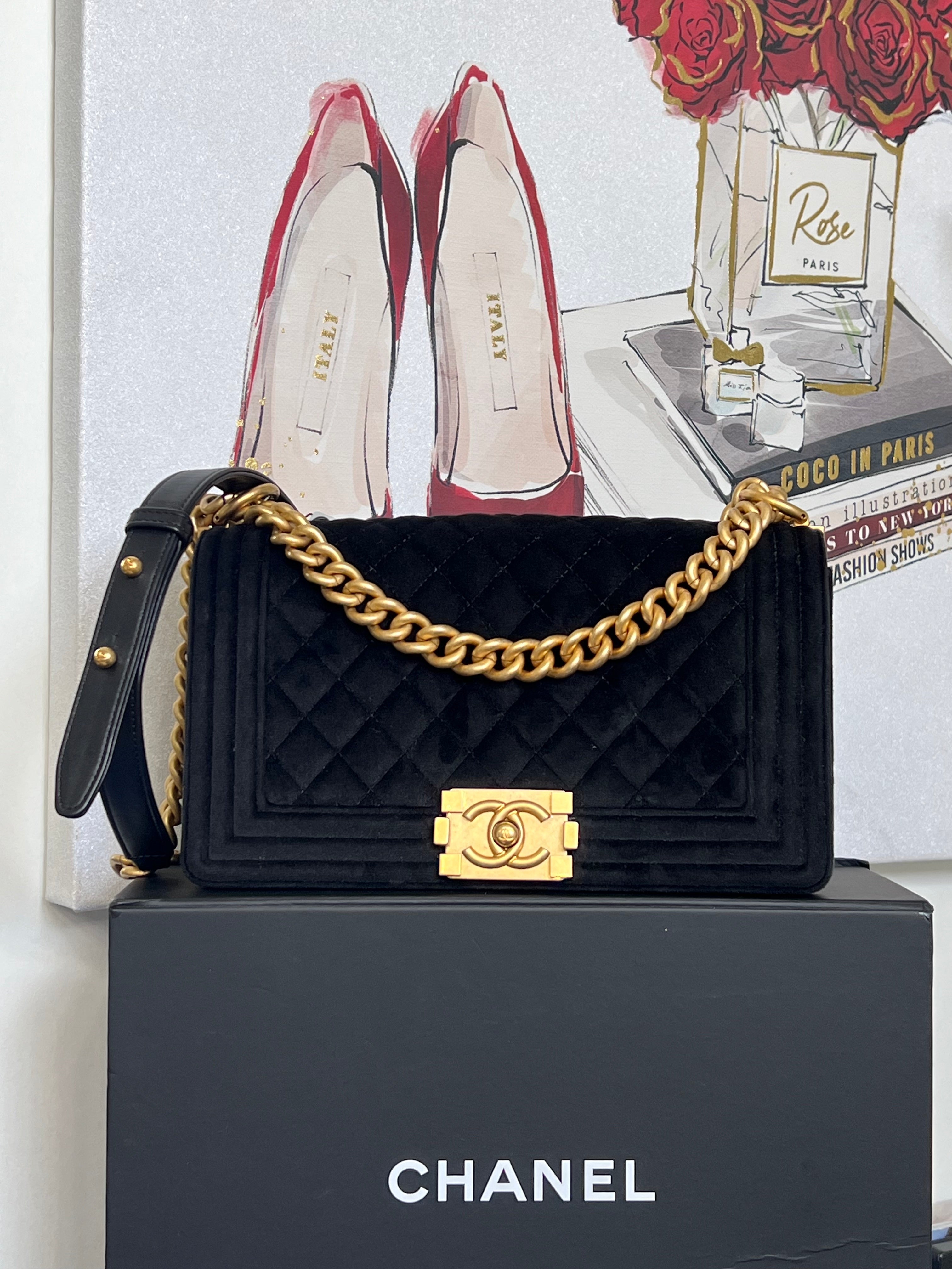 CHANEL MEDIUM BOY FLAP QUILTED VELVET BAG