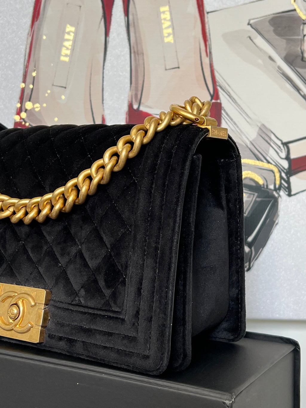 CHANEL MEDIUM BOY FLAP QUILTED VELVET BAG