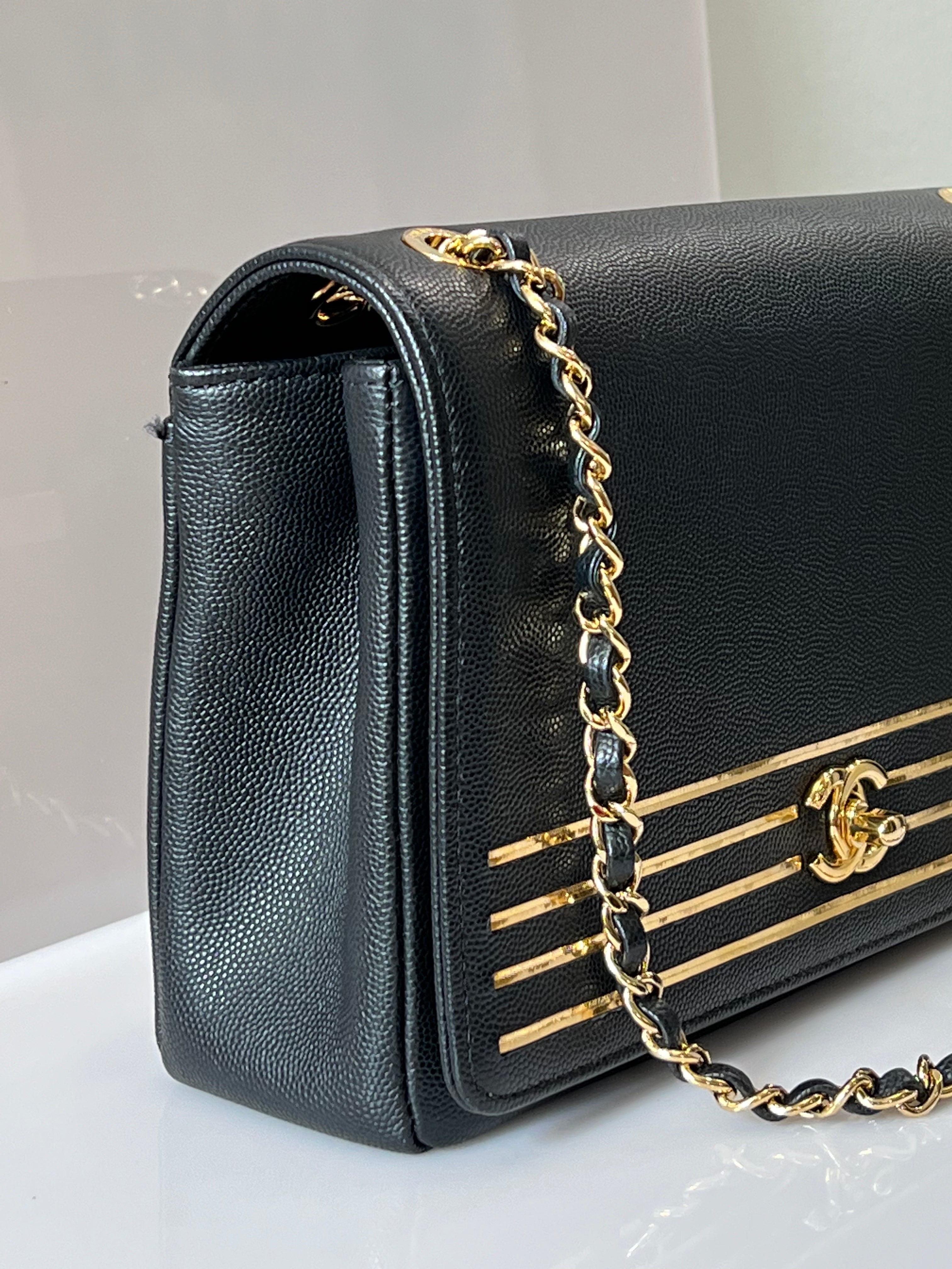 CHANEL MEDIUM CAPTAIN GOLD EMBROIDERED CAVIAR FLAP BAG