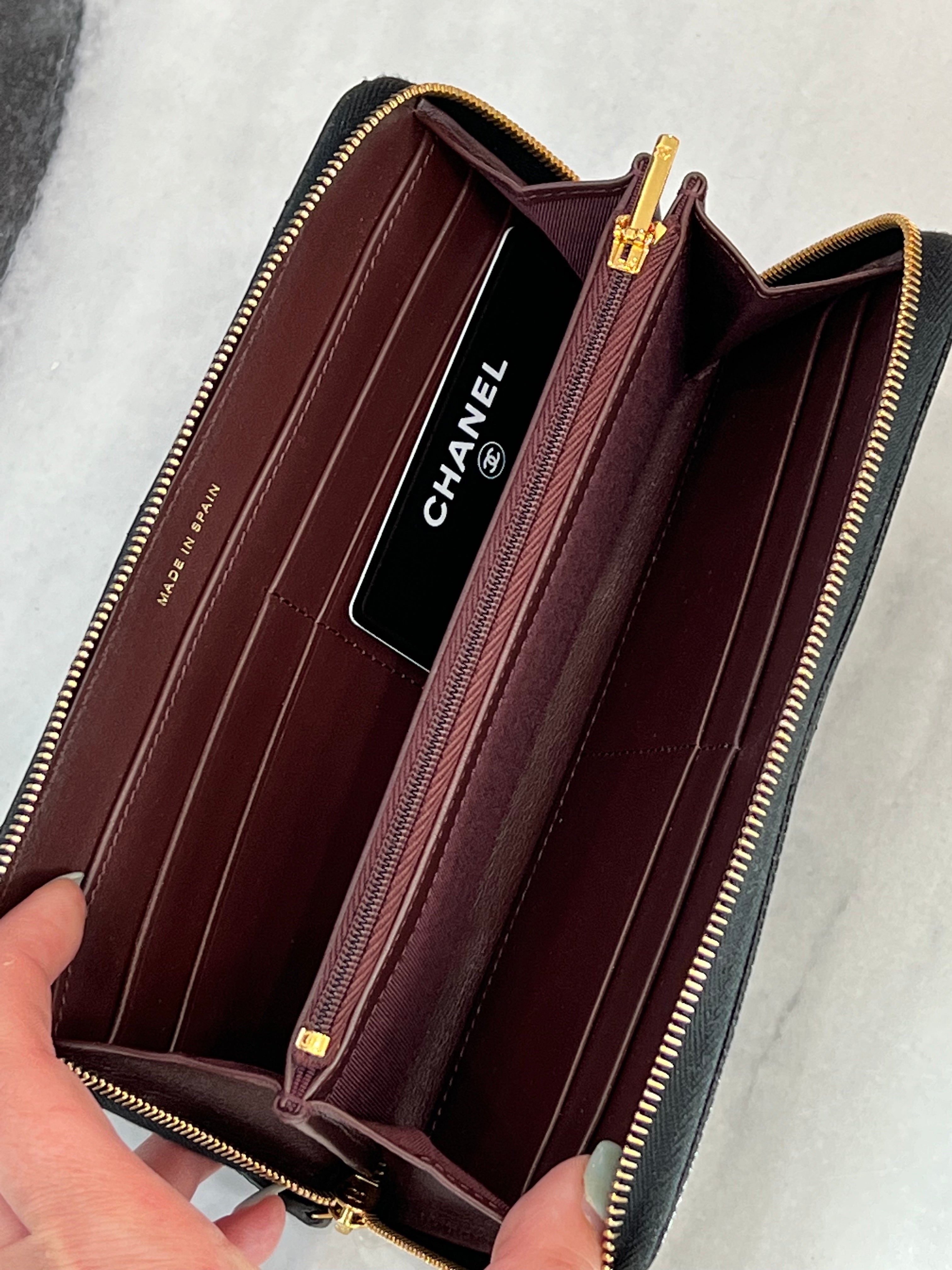 CHANEL QUILTED CAVIAR LARGE GUSSET ZIP AROUND WALLET