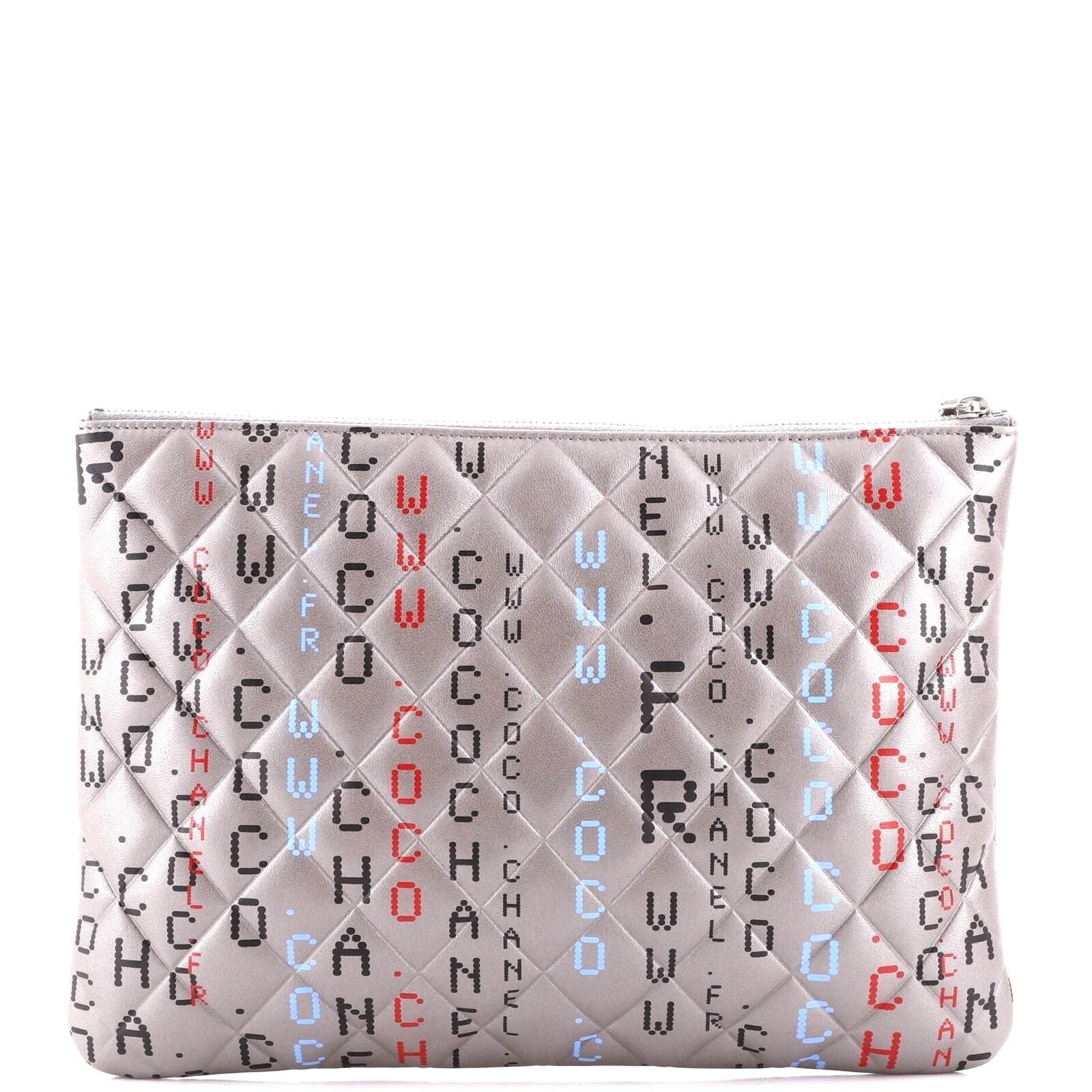 CHANEL METALLIC SILVER QUILTED LAMBSKIN PRINTED DATA CENTER O CLUTCH