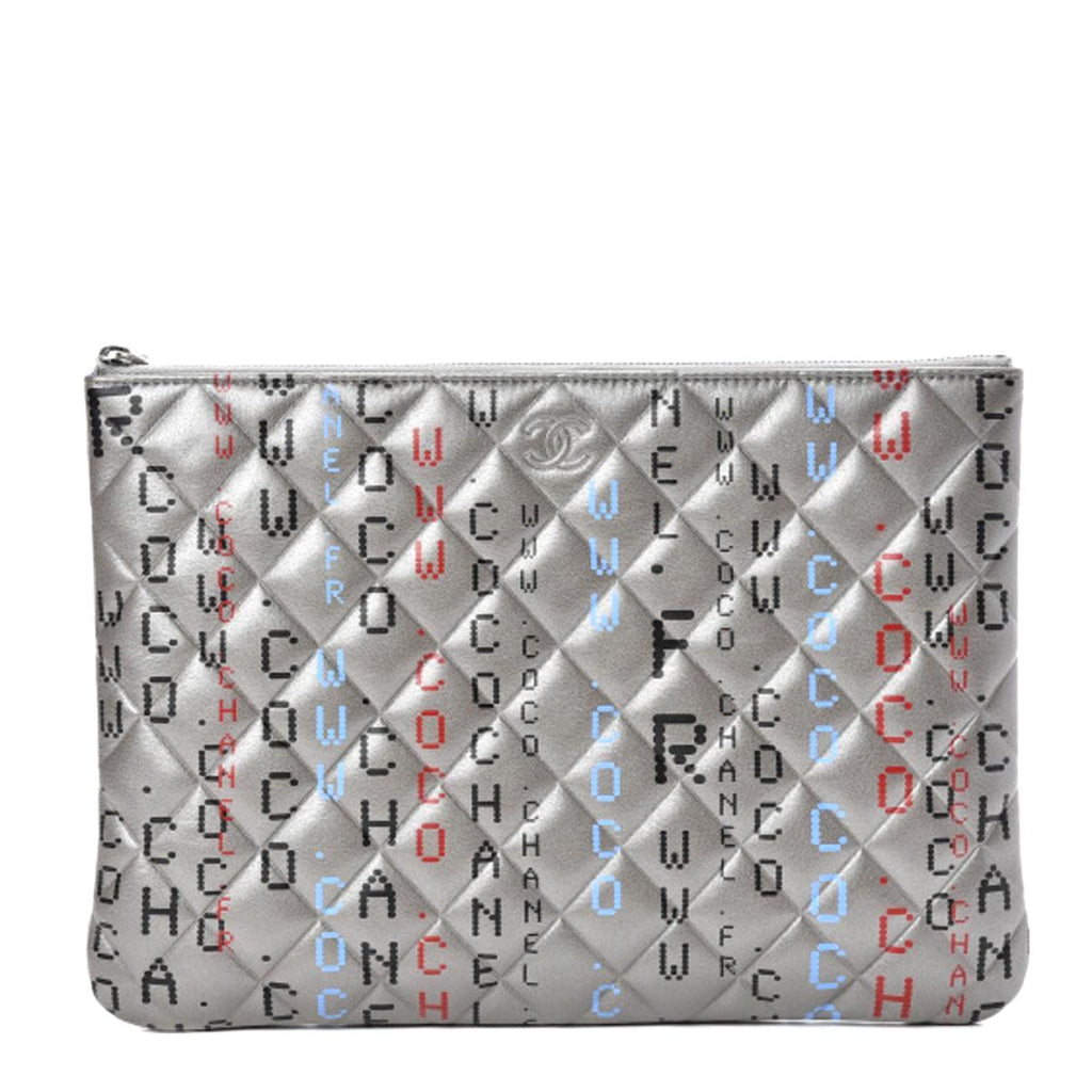 CHANEL METALLIC SILVER QUILTED LAMBSKIN PRINTED DATA CENTER O CLUTCH