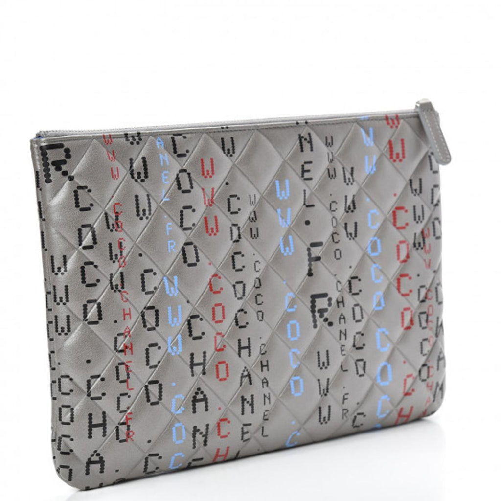 CHANEL METALLIC SILVER QUILTED LAMBSKIN PRINTED DATA CENTER O CLUTCH