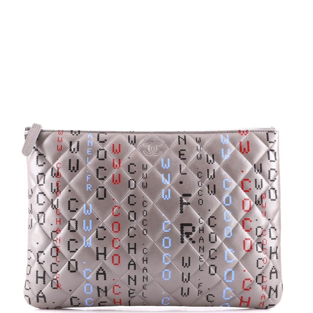 CHANEL METALLIC SILVER QUILTED LAMBSKIN PRINTED DATA CENTER O CLUTCH