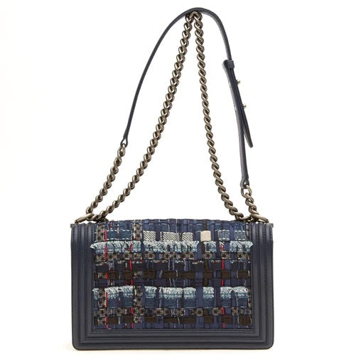 CHANEL NAVY BOUCLE TWEED DECHAINED CHAIN BOY FLAP BAG