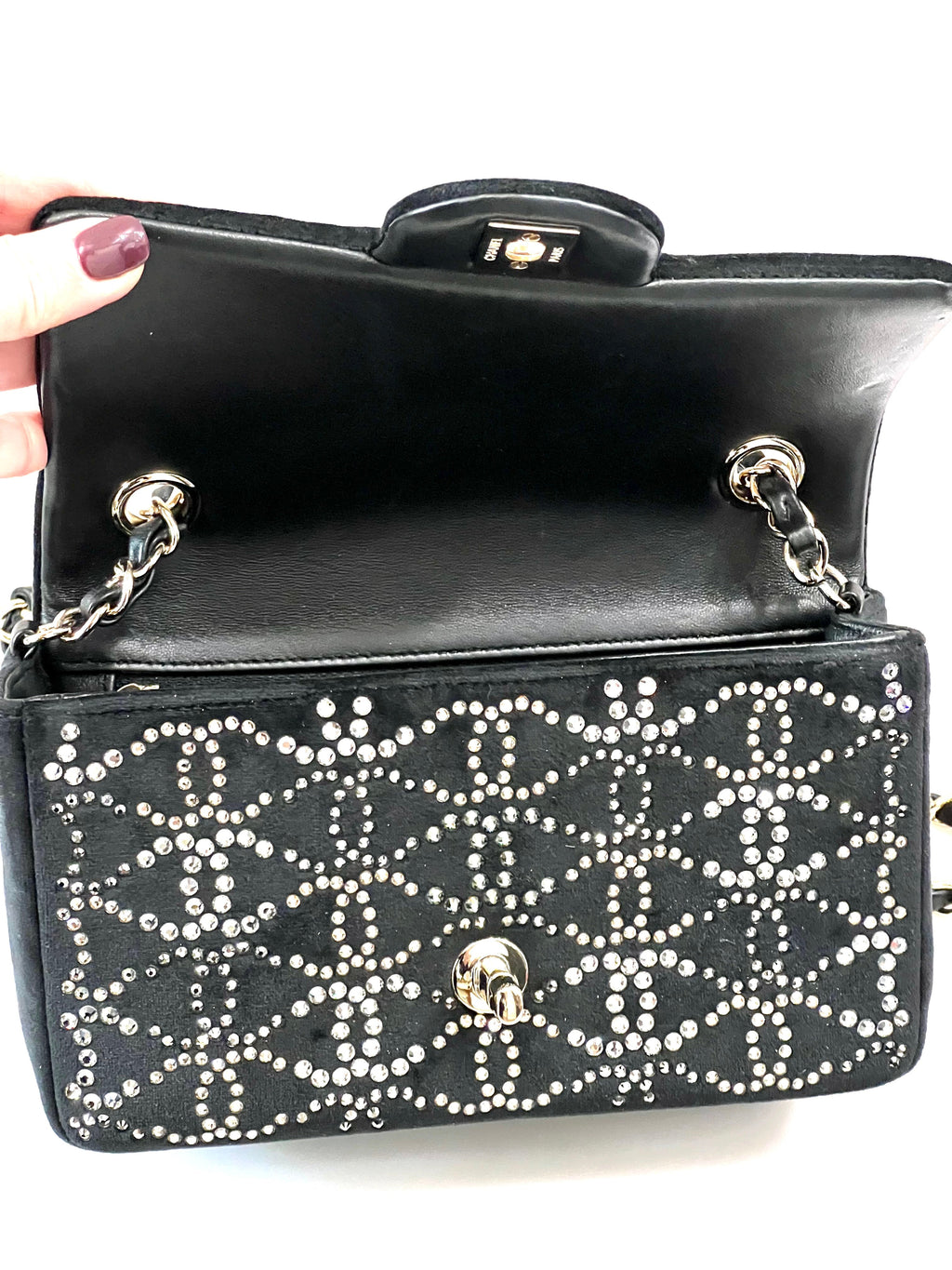 CHANEL RUTHENIUM STRASS CRYSTAL EMBELLISHED MINI CLASSIC FLAP BAG