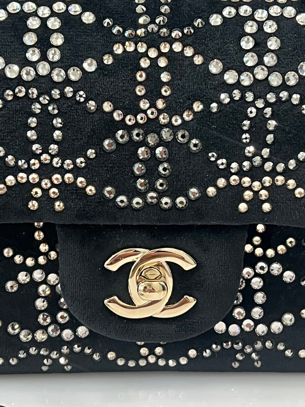 CHANEL RUTHENIUM STRASS CRYSTAL EMBELLISHED MINI CLASSIC FLAP BAG