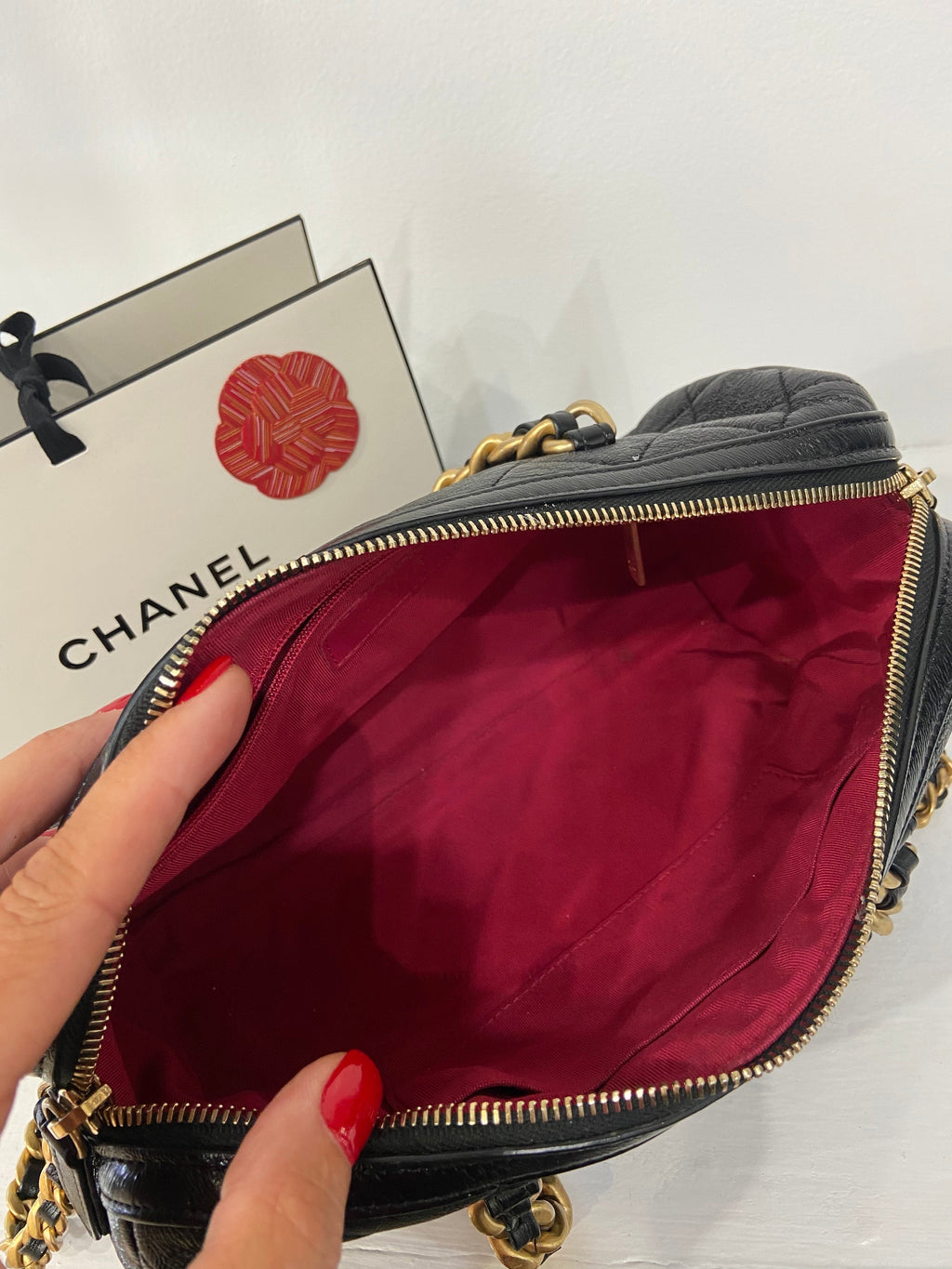 CHANEL CC SHINY QUILTED LAMBSKIN MINI BOWLING BAG