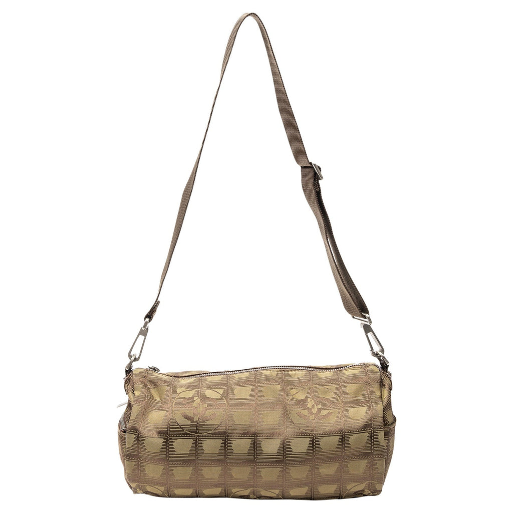 CHANEL TRAVEL LINE NYLON JACQUARD LEATHER MINI ROLL BAG