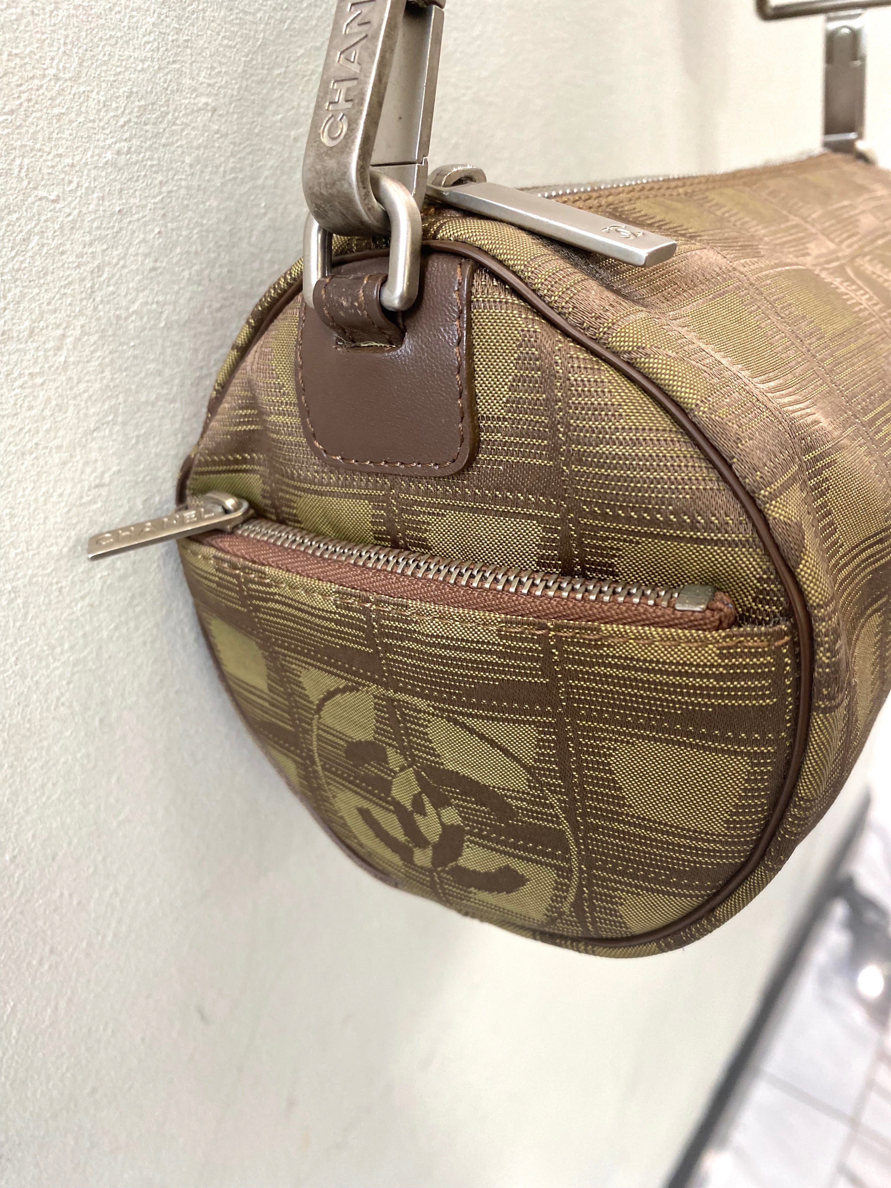 CHANEL TRAVEL LINE NYLON JACQUARD LEATHER MINI ROLL BAG