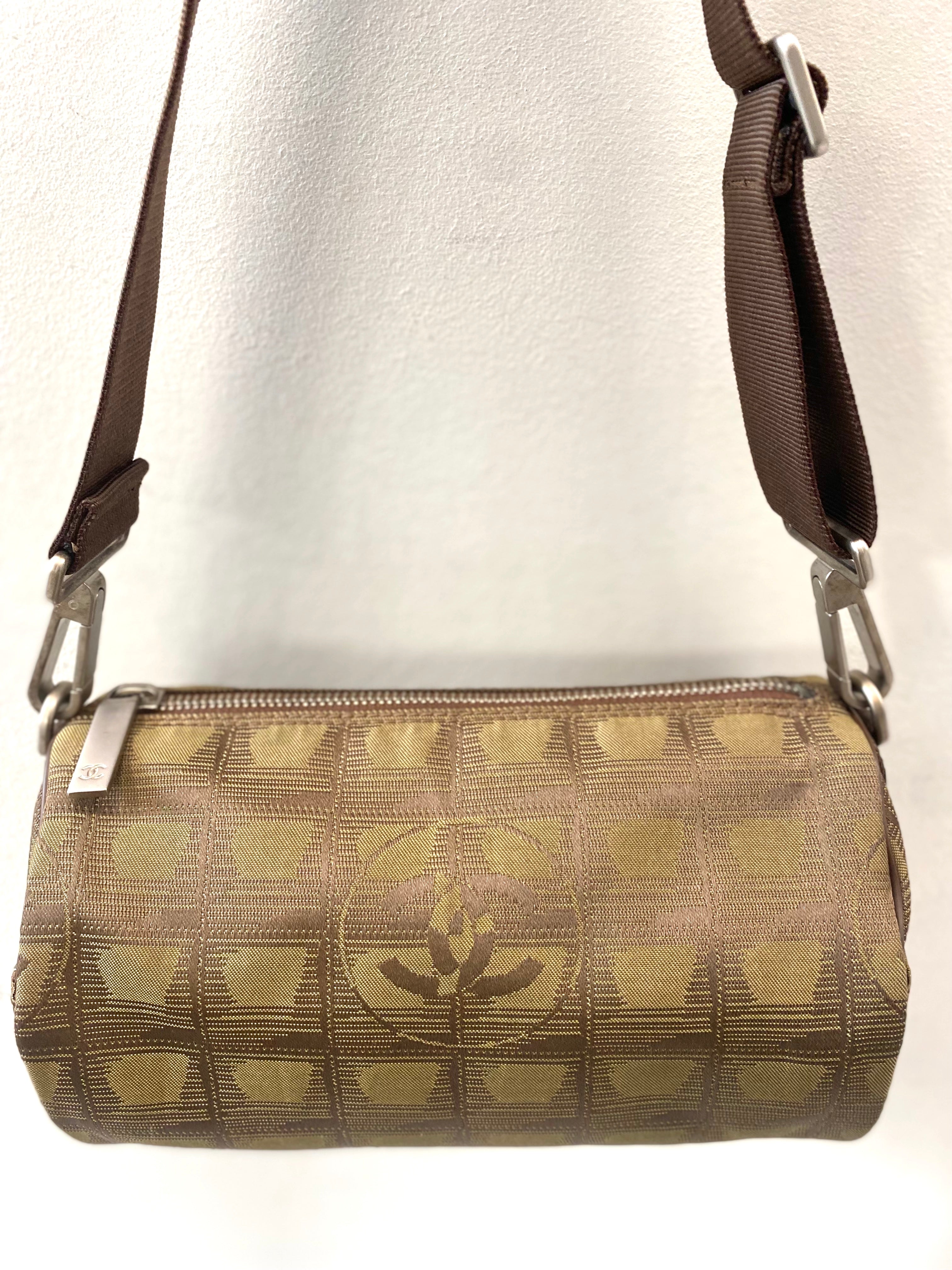 CHANEL TRAVEL LINE NYLON JACQUARD LEATHER MINI ROLL BAG
