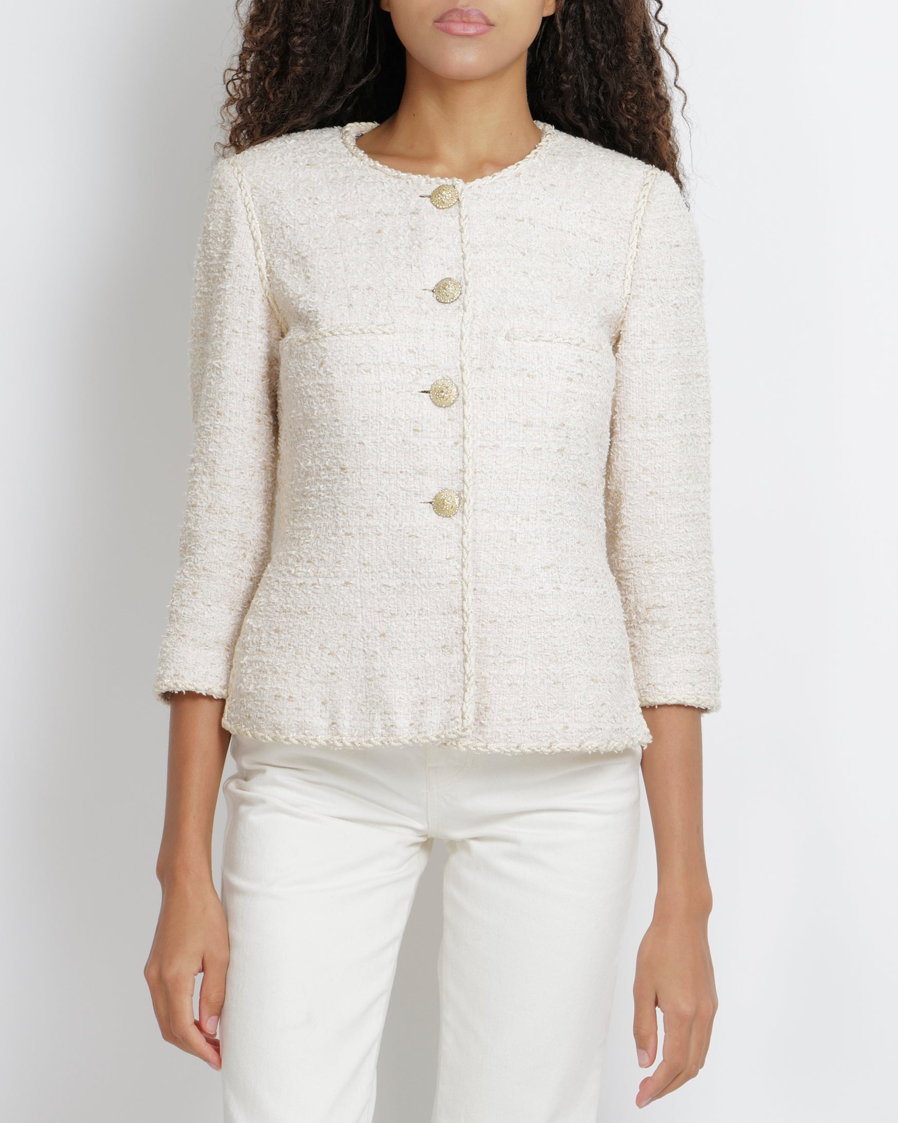 Chanel Cream Tweed Jacket with Gold Crystal Embellished CC Logo Buttons Size FR 40 (UK 12)