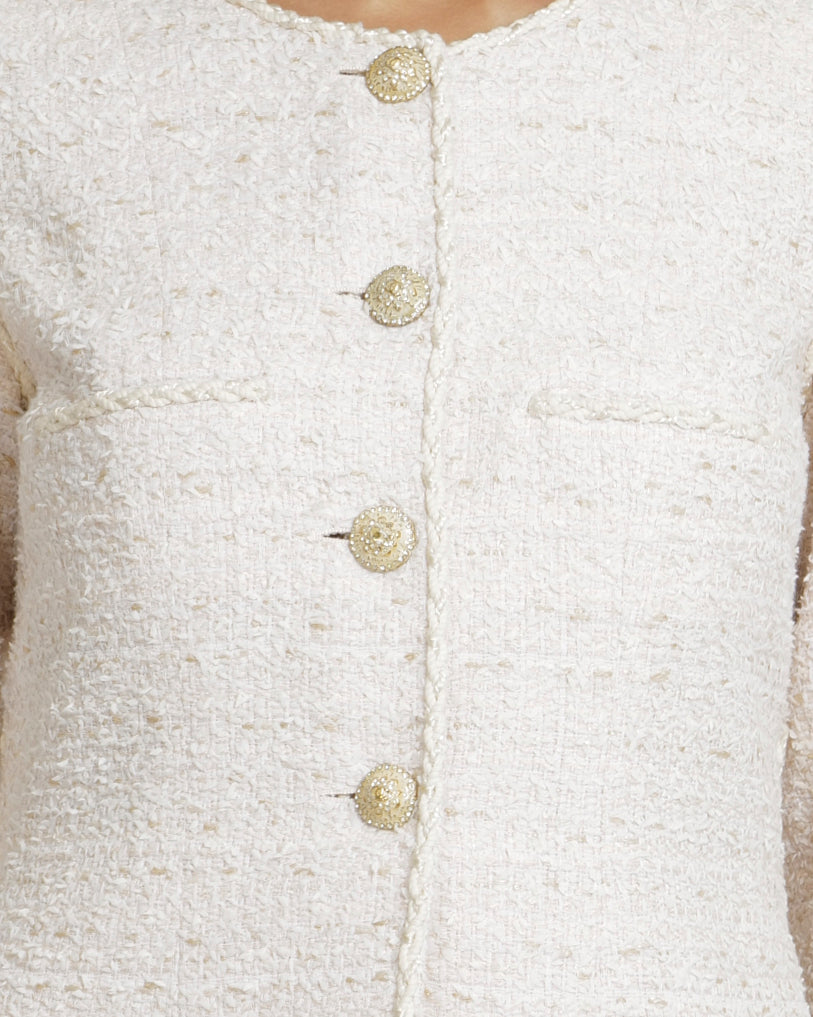 Chanel Cream Tweed Jacket with Gold Crystal Embellished CC Logo Buttons Size FR 40 (UK 12)