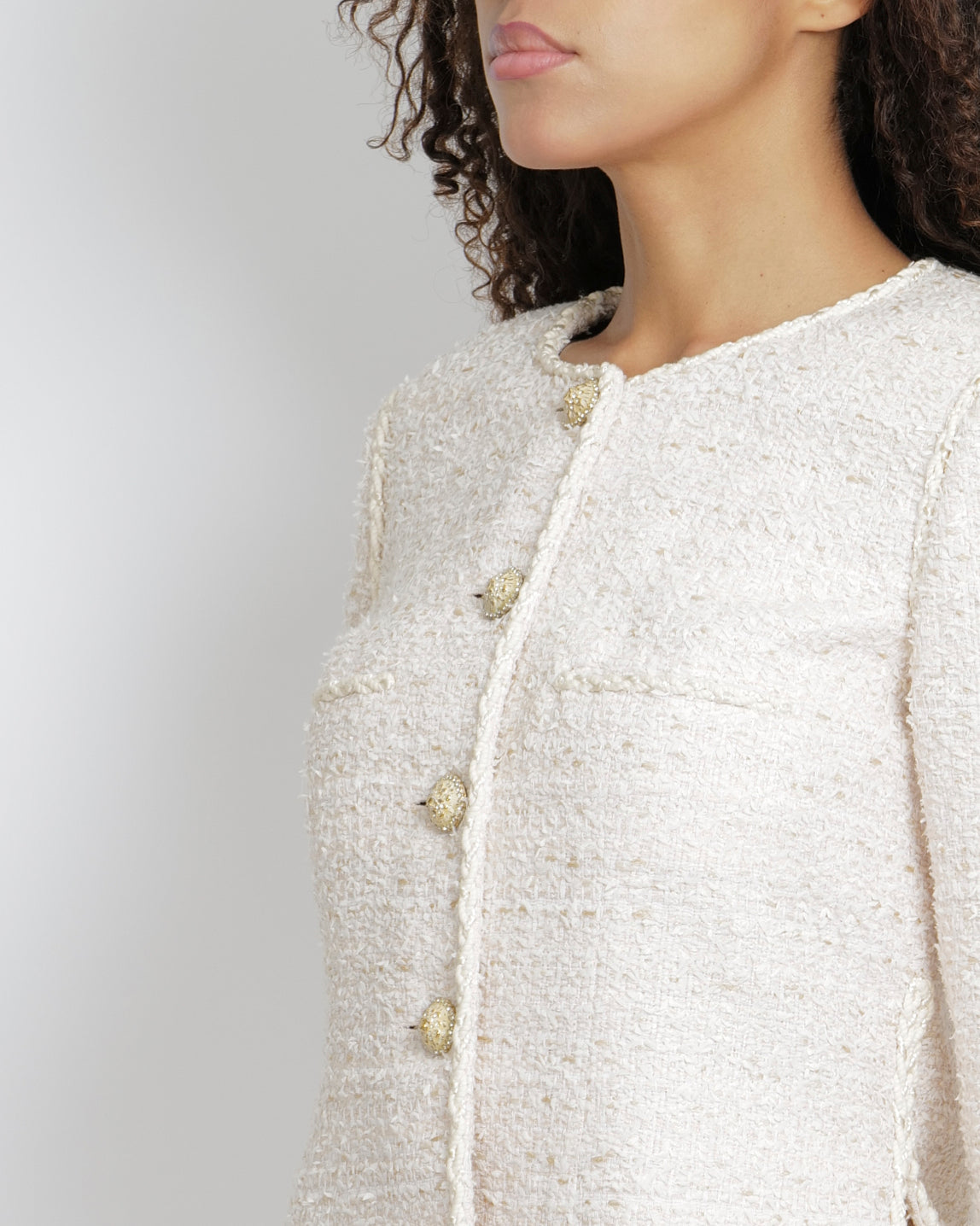 Chanel Cream Tweed Jacket with Gold Crystal Embellished CC Logo Buttons Size FR 40 (UK 12)