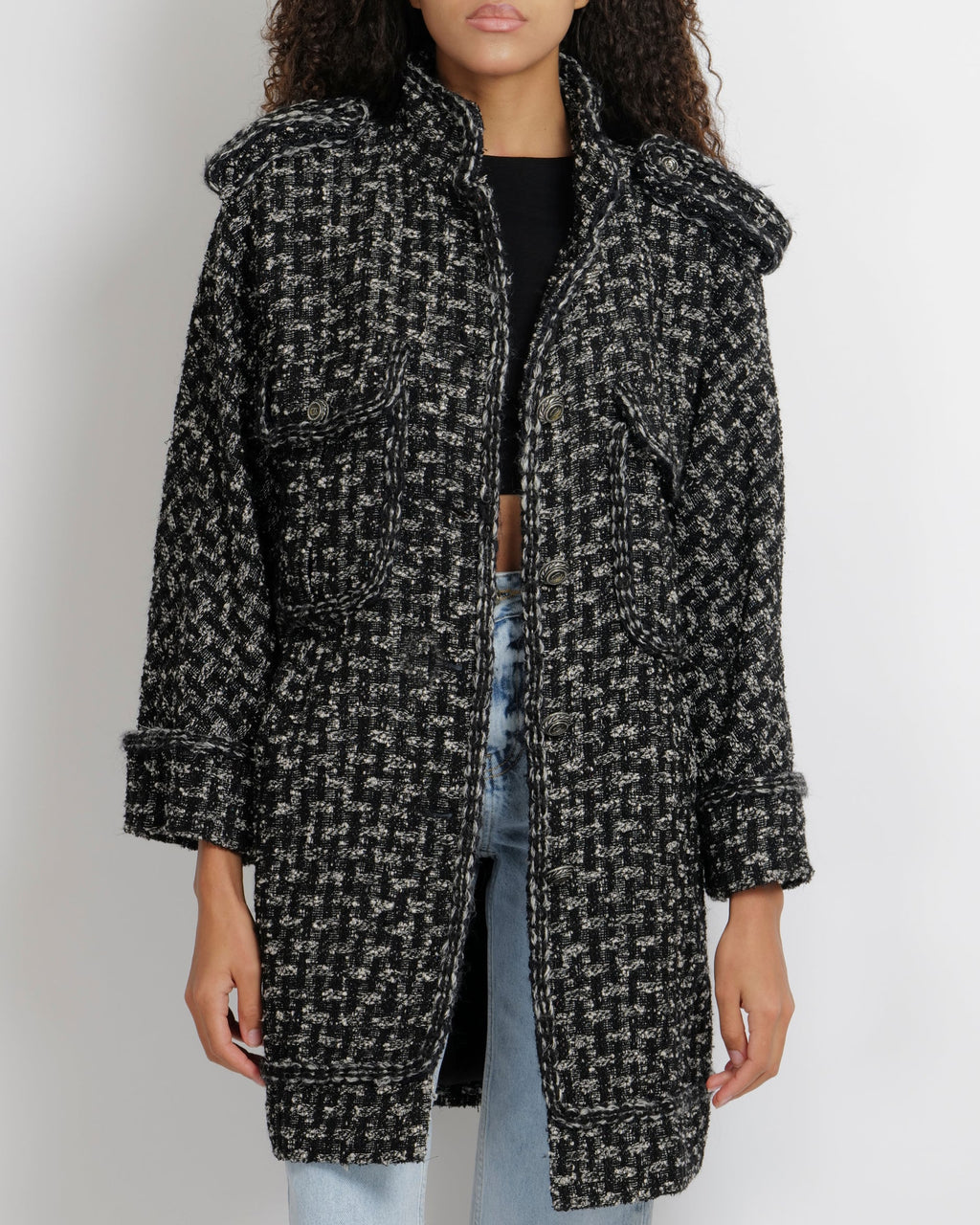 Chanel Pre-Fall 2013 Black and White Tweed Coat with Pocket Details and Silver CC Logo Buttons Size FR 36 (UK 8)