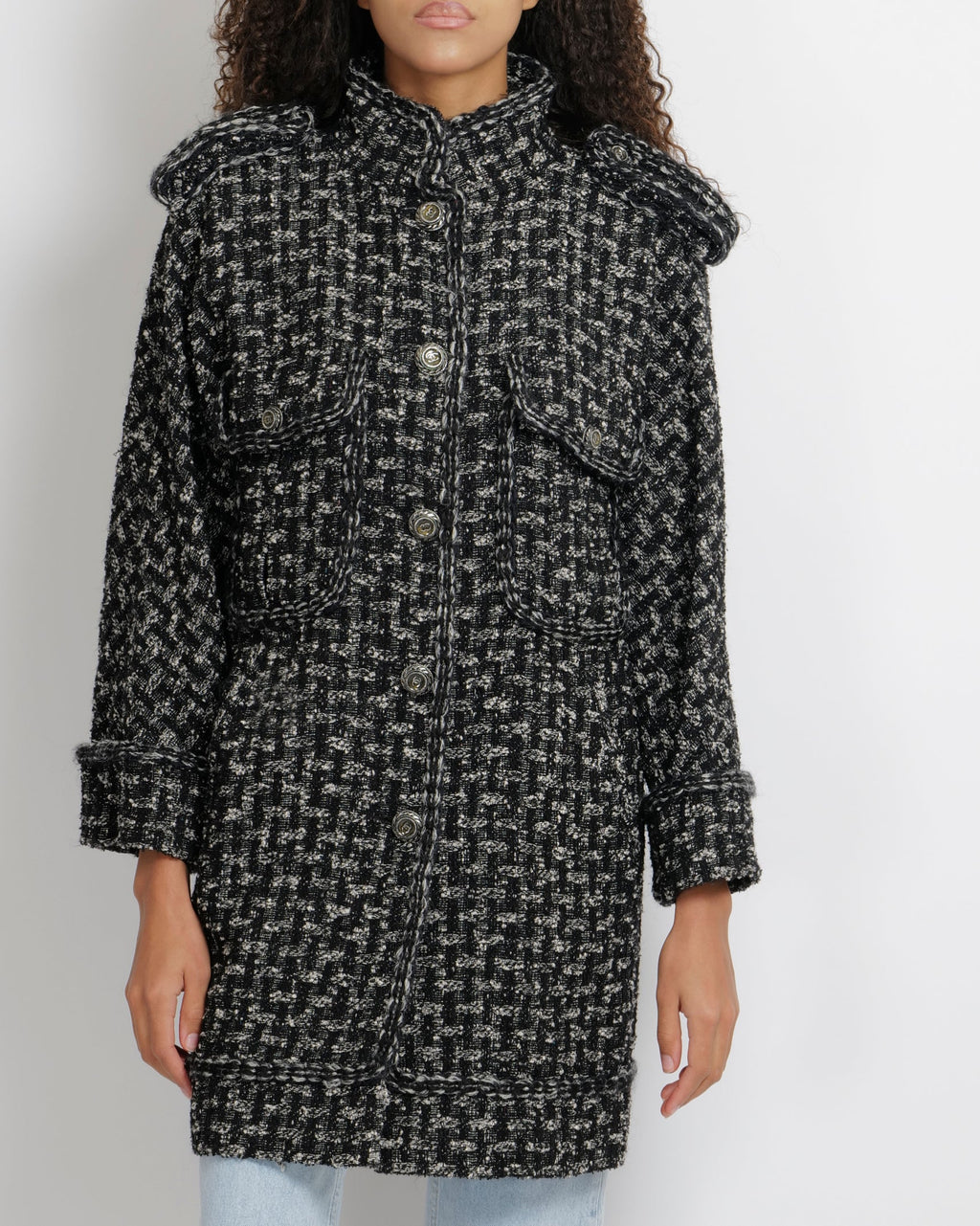 Chanel Pre-Fall 2013 Black and White Tweed Coat with Pocket Details and Silver CC Logo Buttons Size FR 36 (UK 8)