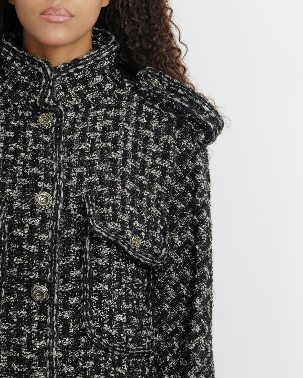 Chanel Pre-Fall 2013 Black and White Tweed Coat with Pocket Details and Silver CC Logo Buttons Size FR 36 (UK 8)