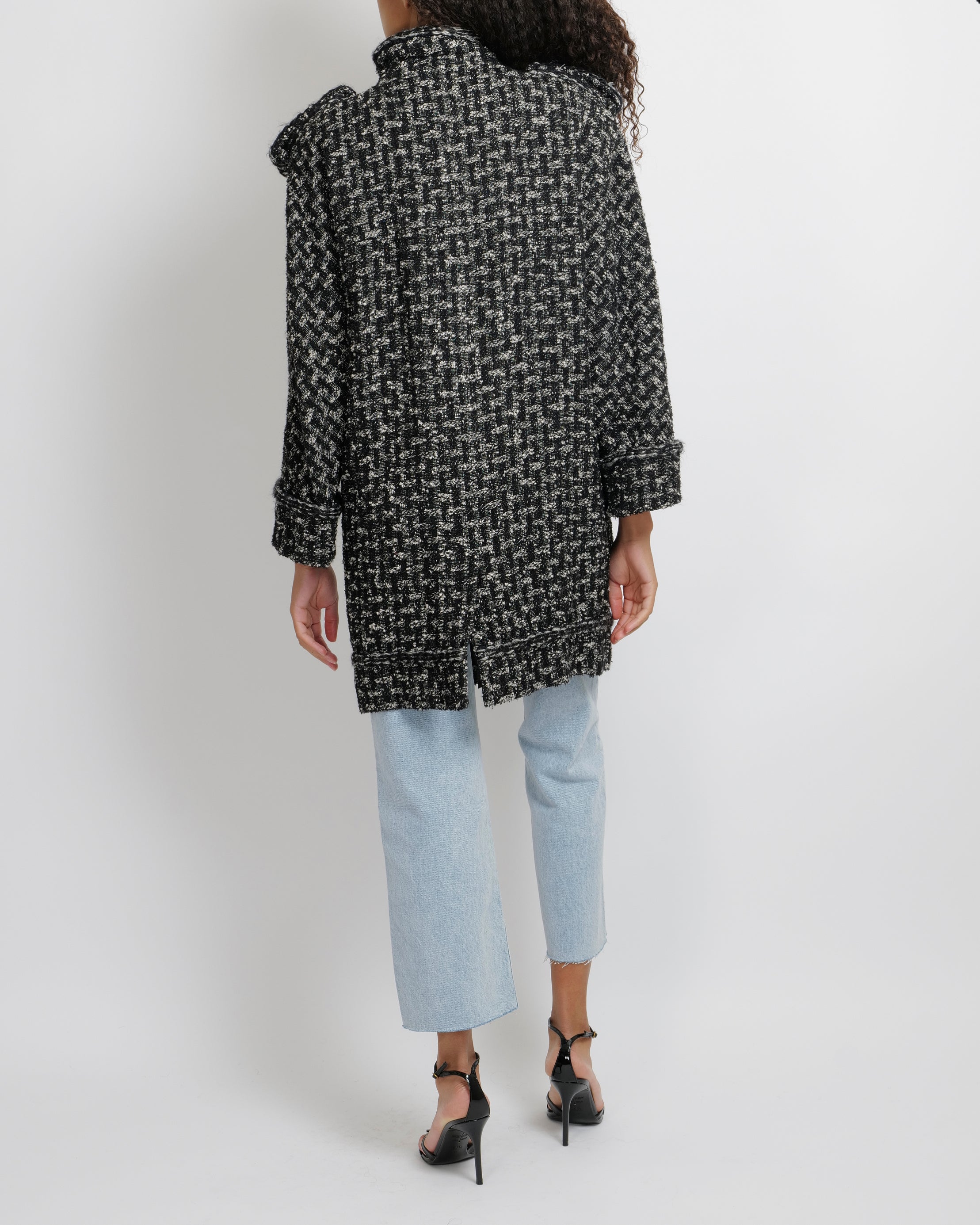Chanel Pre-Fall 2013 Black and White Tweed Coat with Pocket Details and Silver CC Logo Buttons Size FR 36 (UK 8)