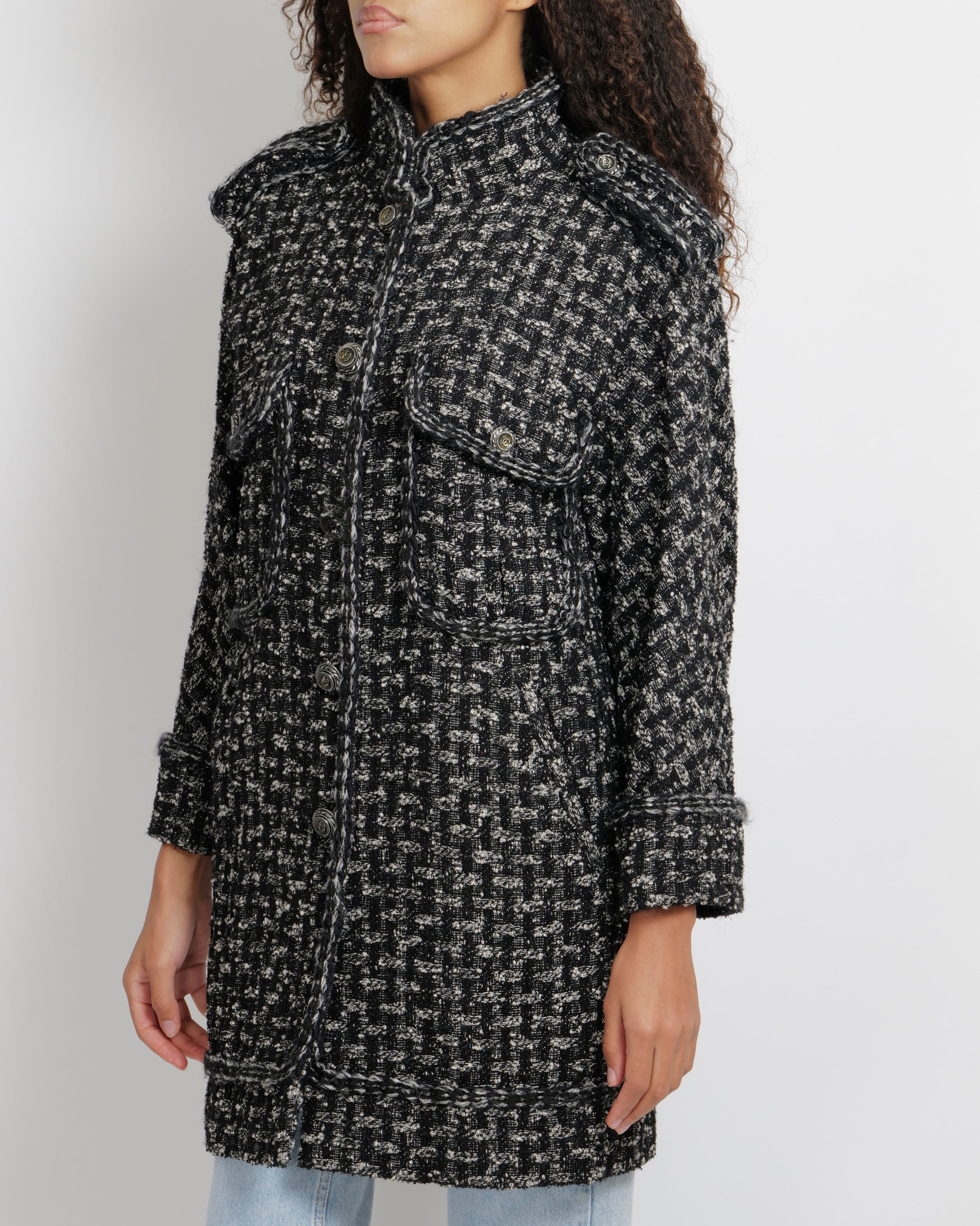 Chanel Pre-Fall 2013 Black and White Tweed Coat with Pocket Details and Silver CC Logo Buttons Size FR 36 (UK 8)