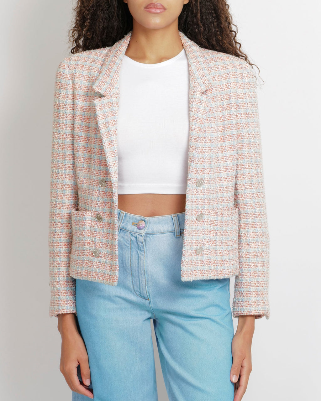 Chanel Vintage 96P White, Pink and Blue Tweed Jacket with Polished Silver CC Logo Buttons Size FR 42 (UK 14)