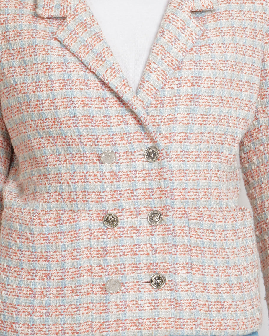 Chanel Vintage 96P White, Pink and Blue Tweed Jacket with Polished Silver CC Logo Buttons Size FR 42 (UK 14)