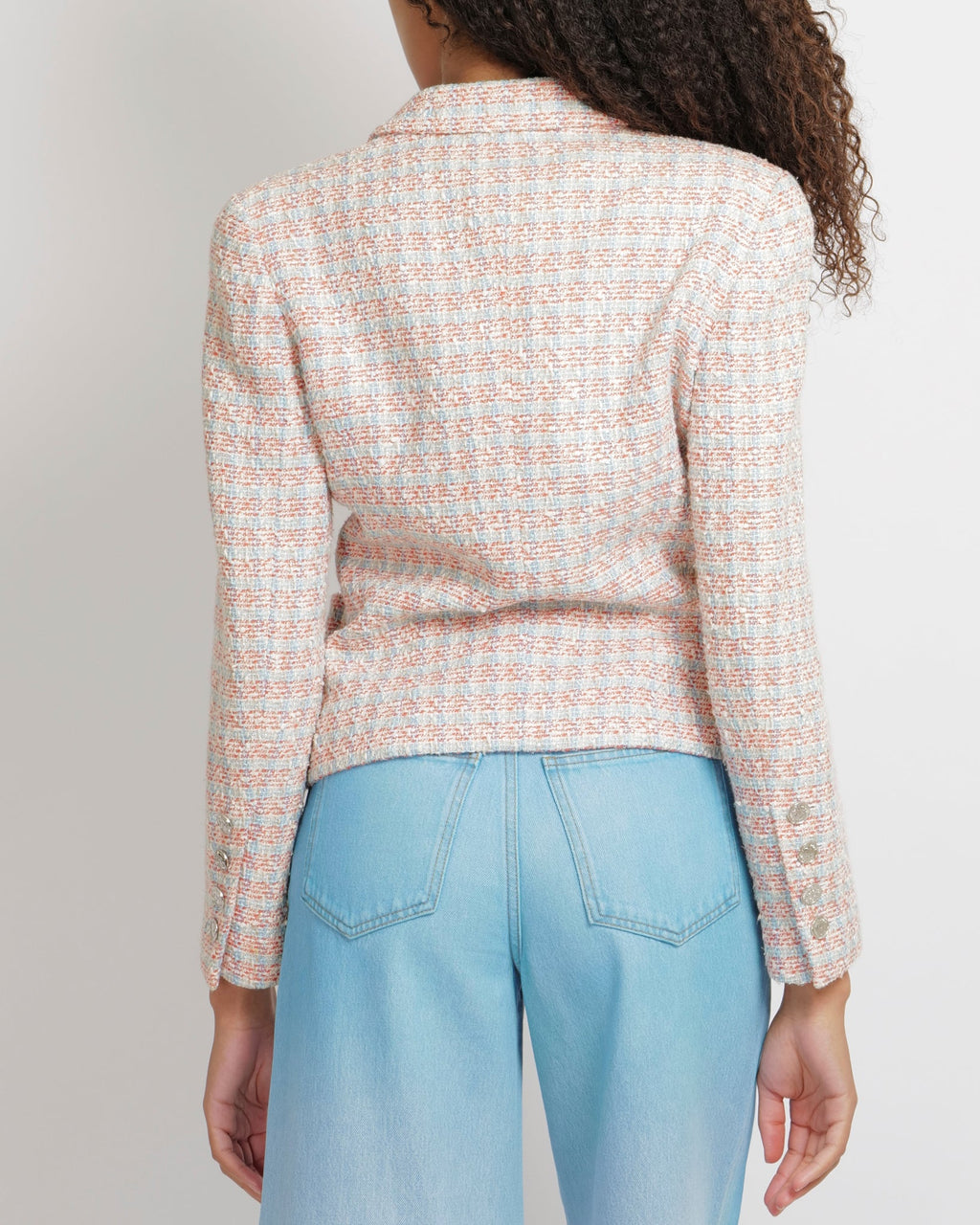 Chanel Vintage 96P White, Pink and Blue Tweed Jacket with Polished Silver CC Logo Buttons Size FR 42 (UK 14)