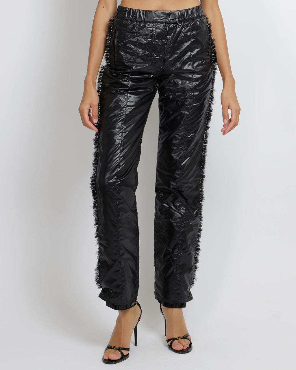Chanel Coco Neige Black Padded Trousers with Black and White Tweed Side Strips and Black CC Logo Buttons Size FR 36 (UK 8)