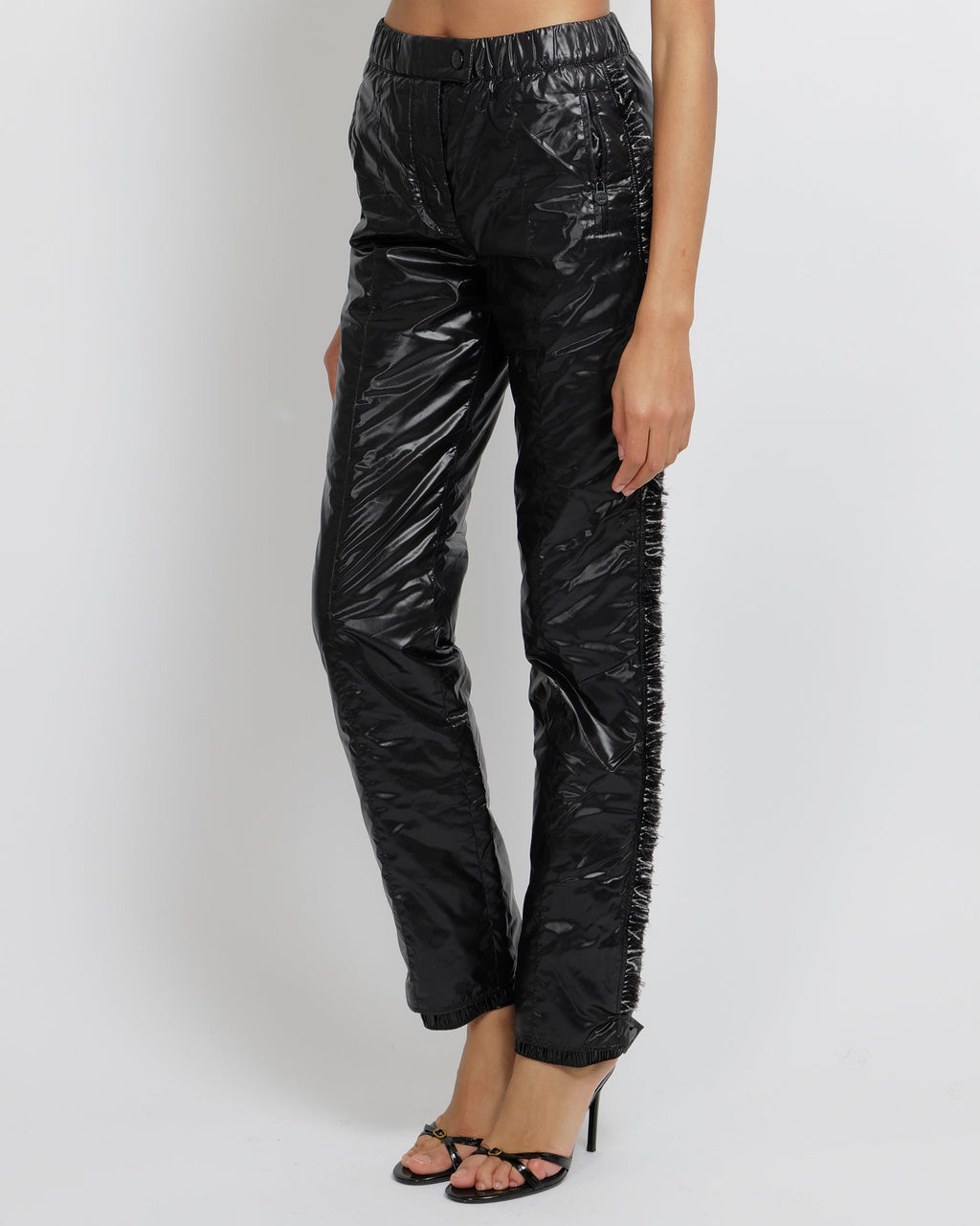 Chanel Coco Neige Black Padded Trousers with Black and White Tweed Side Strips and Black CC Logo Buttons Size FR 36 (UK 8)