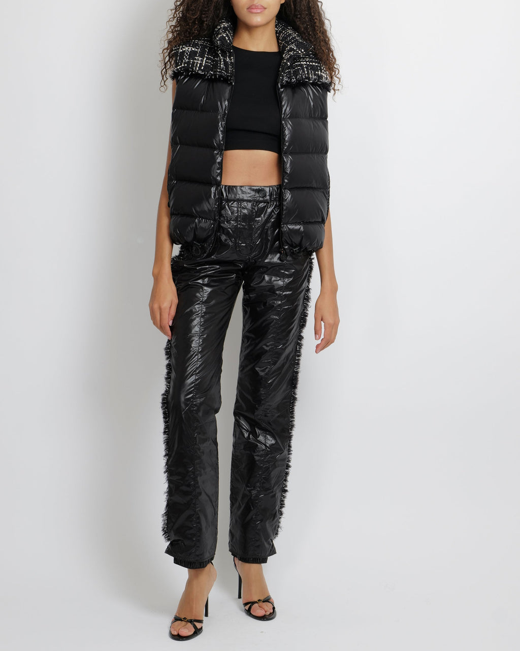 Chanel Coco Neige Black Padded Trousers with Black and White Tweed Side Strips and Black CC Logo Buttons Size FR 36 (UK 8)