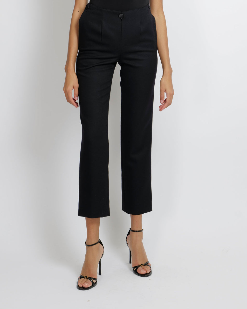 Chanel Black Wool Trousers with Front Flap Detail and Back Crystal Embellished CC Logo Detail Size FR 34 (UK 6)