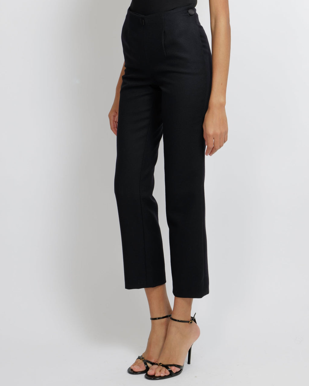 Chanel Black Wool Trousers with Front Flap Detail and Back Crystal Embellished CC Logo Detail Size FR 34 (UK 6)